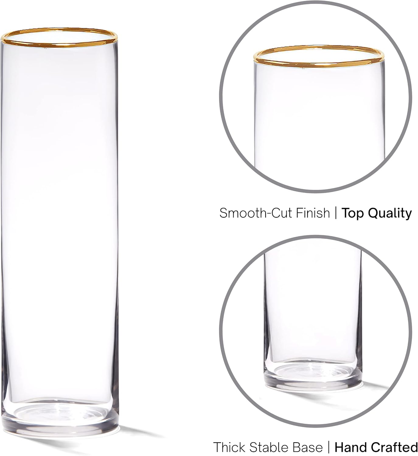 4E's Novelty Set of 3 Glass Cylinder Vases for Centerpieces, 6, 9, 10.5 Inch Tall, 3.5" Wide with Gold Rim, Clear Glass Vase for Candles