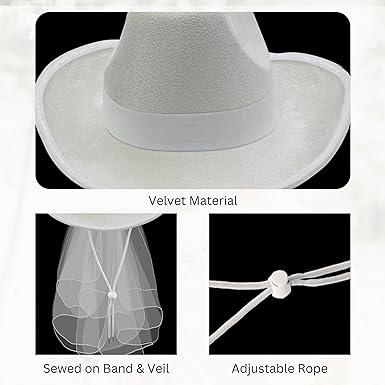 4E's Novelty Bride Cowgirl Hat with Veil & Sash - White Felt Cowboy Hat for Women, Bachelorette Hats