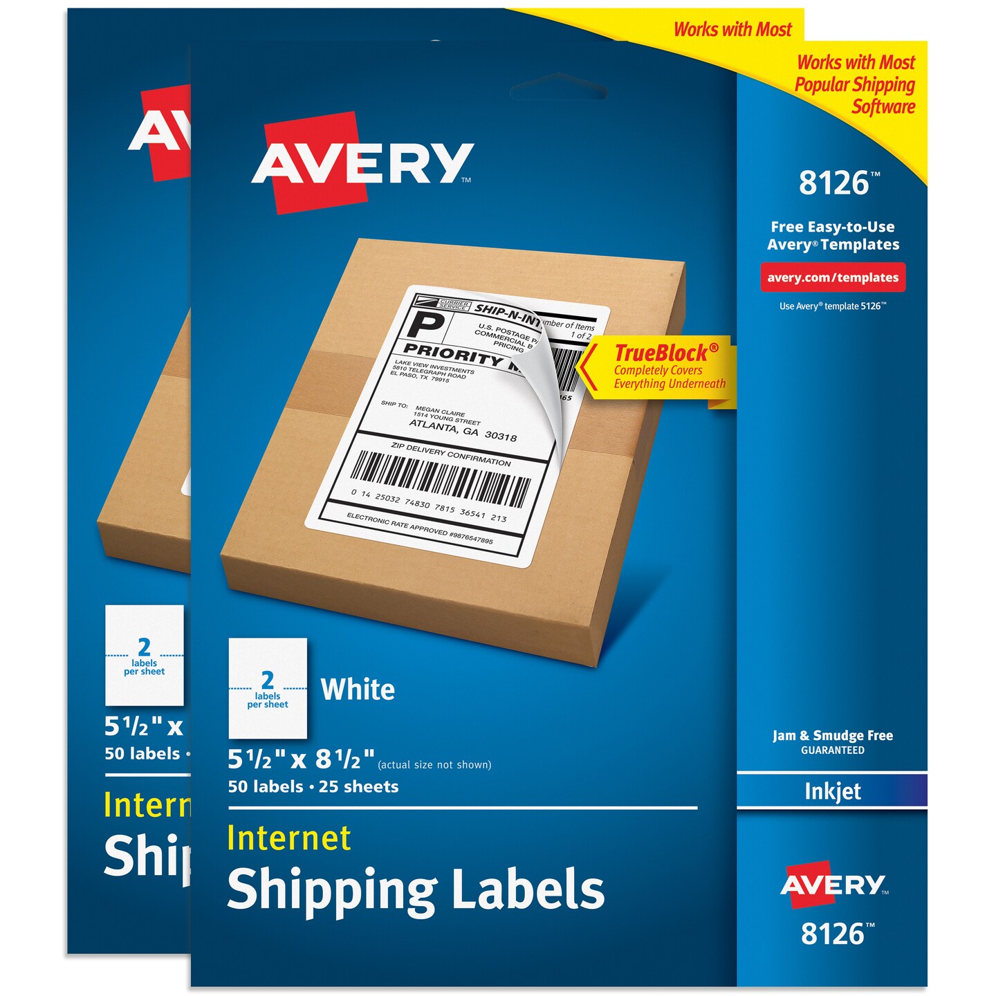 Avery Printable Shipping Labels, 5.5" x 8.5" Customizable Stickers, White, 100 Blank Mailing Labels Total, Great for Mailing, Shipping, Organizing, and More (2-Pack of 8126)