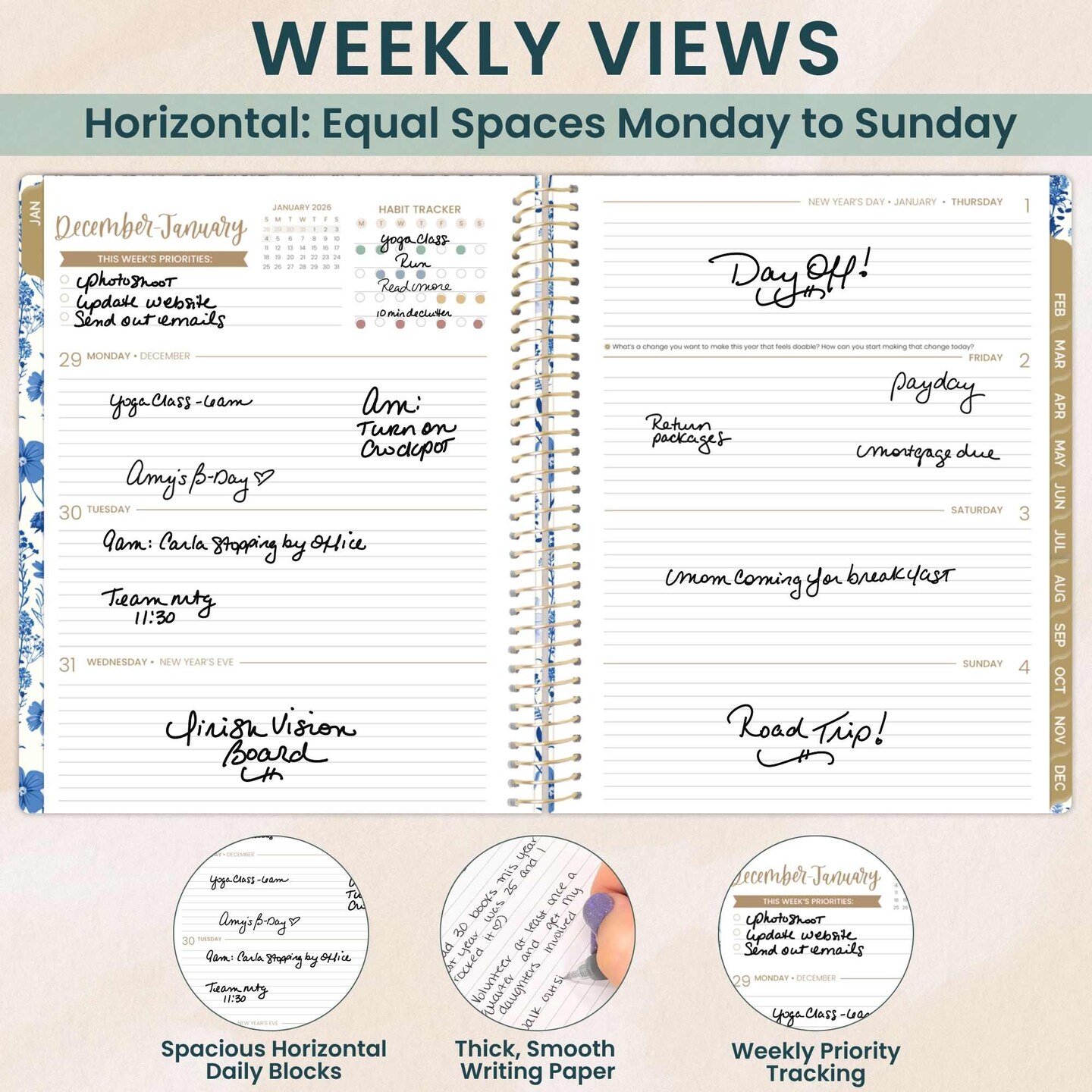 bloom daily planners 2026 Soft Cover Weekly &#x26; Monthly Planner, 8.5&#x22; x 11&#x22;, Blue &#x26; White Floral