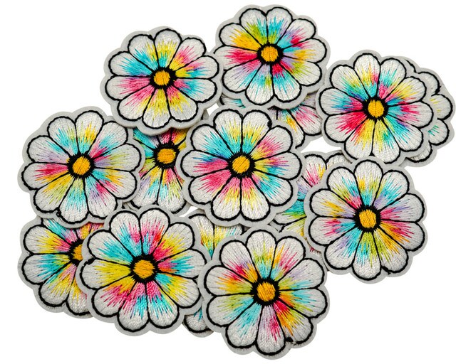 1 1/2&#x22; Rainbow Colored Daisy Flower Embroidery Iron On Heat Transfer Patch Pack of 72