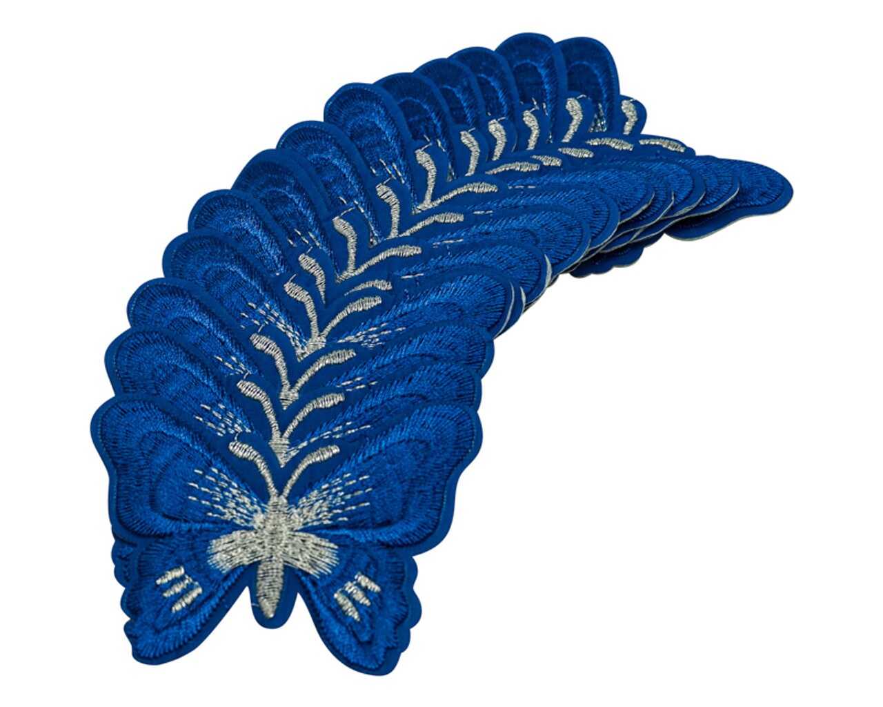 3"x 2 1/4" Royal Blue Silver Embroidery Heat Transfer Iron On Butterfly Patch Pack of 72