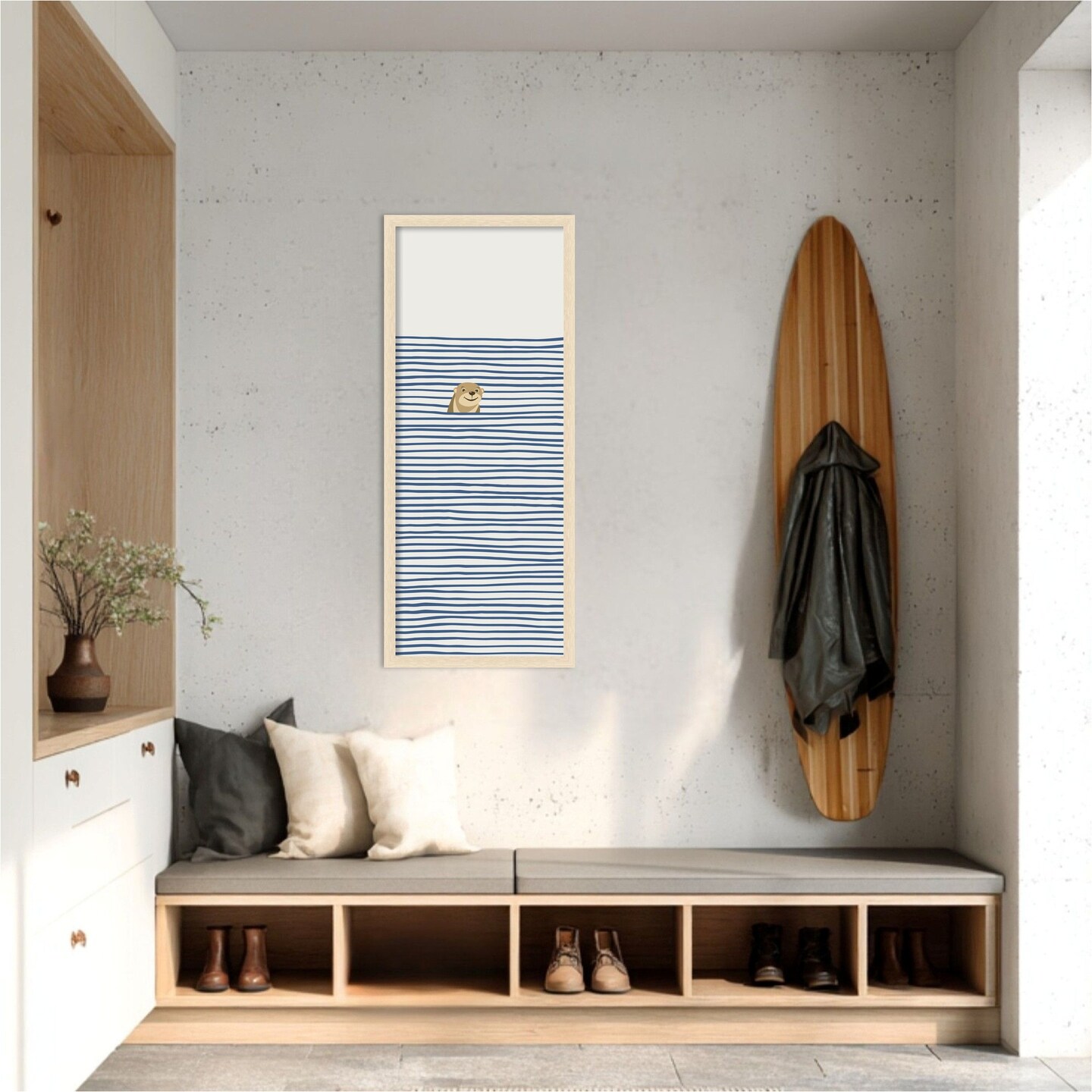 Amanti Art Framed Fabric Pinboard 18 x 42 Otter in the Waves Printed Bulletin Board for Use as a Vision Board or Wall Organization