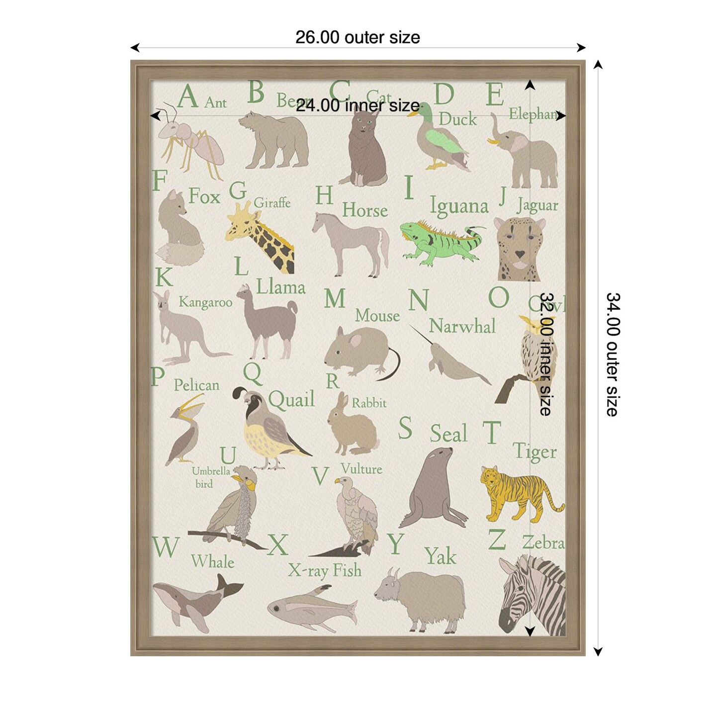 Amanti Art Framed Fabric Pinboard 26 x 34 Animal Alphabet II Printed Bulletin Board for Use as a Vision Board or Wall Organization