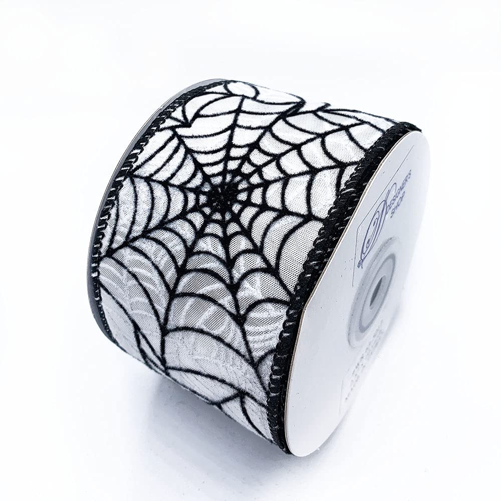 Designer&#x27;s Shop WR 63-5113 Halloween Black Spider Web on White Satin wired edge ribbons, 2.5&#x22; x 10 yards