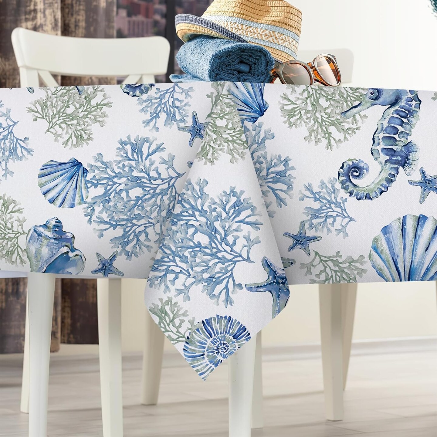Blue Beach Tablecloth 60 x 84 Inches &#x2013; Coastal Ocean Table Cover with Conch, Coral, Starfish &#x26; Seahorse for Summer Dining, Picnic, or Party Decor
