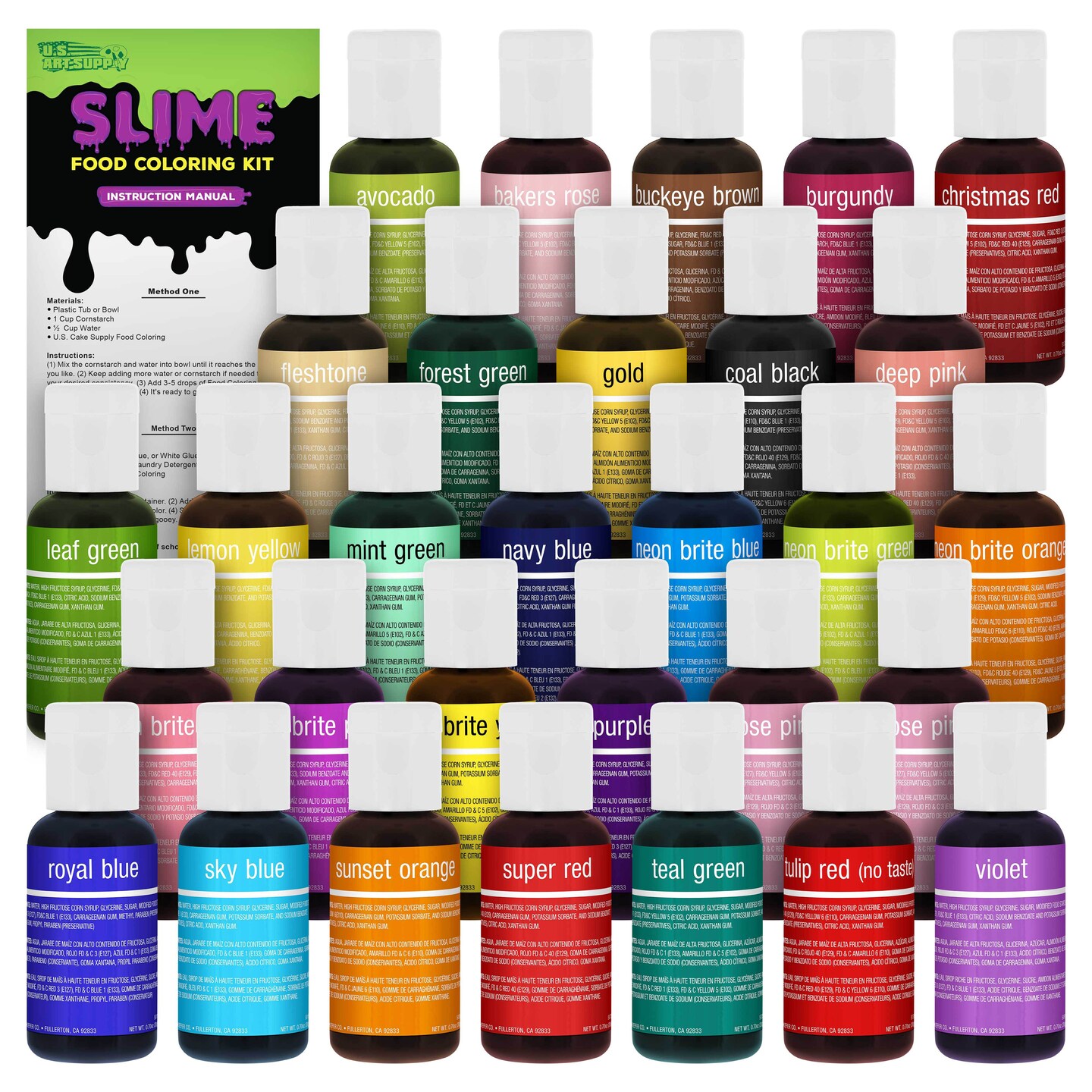 30 Color Food and Slime Coloring Liqua-Gel Ultimate Decorating Kit Primary, Secondary &#x26; Neon Colors - Food Grade, 0.75 fl oz (20ml) Bottles, Non-Toxic