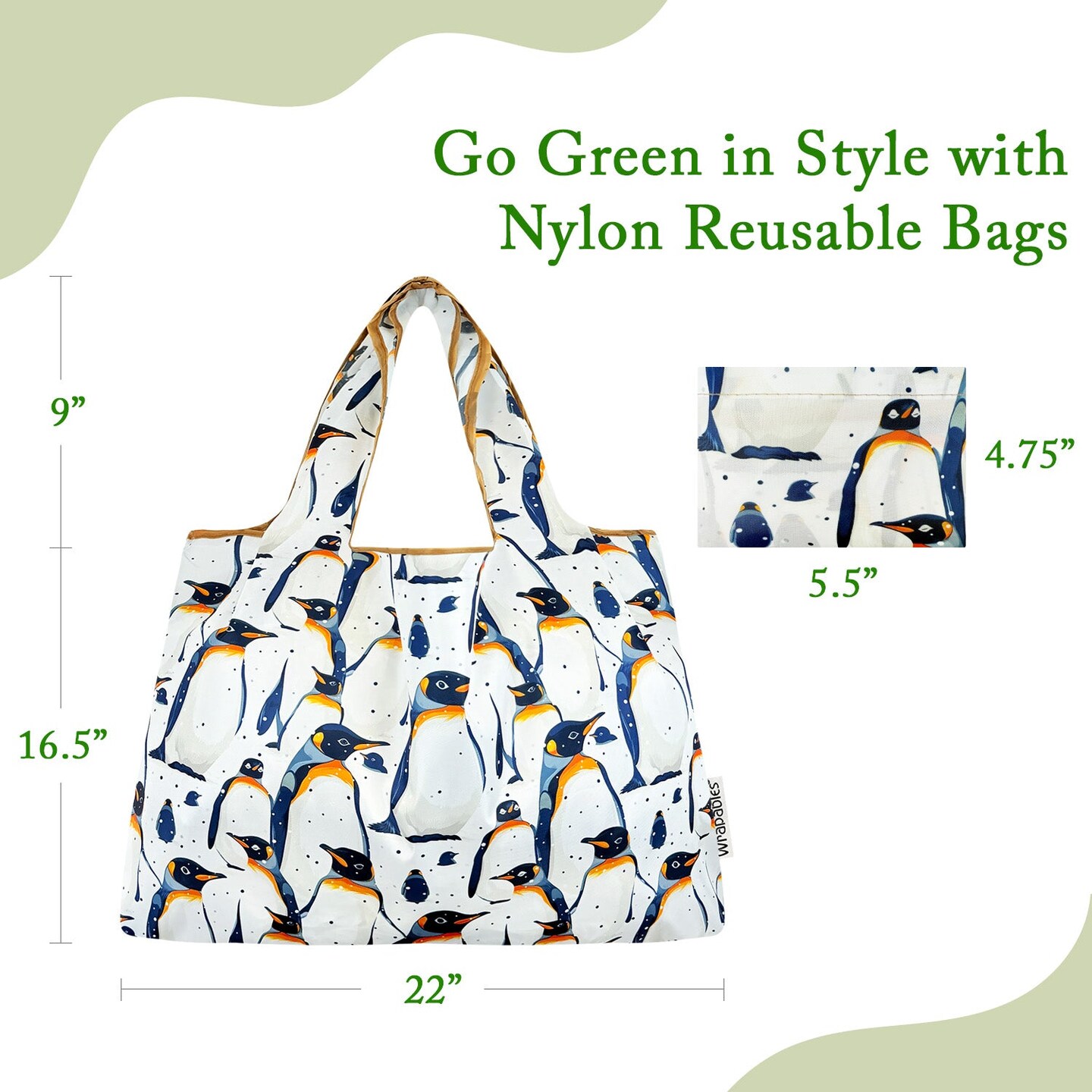 Wrapables Large Foldable Tote Nylon Reusable Grocery Bags, King Penguin