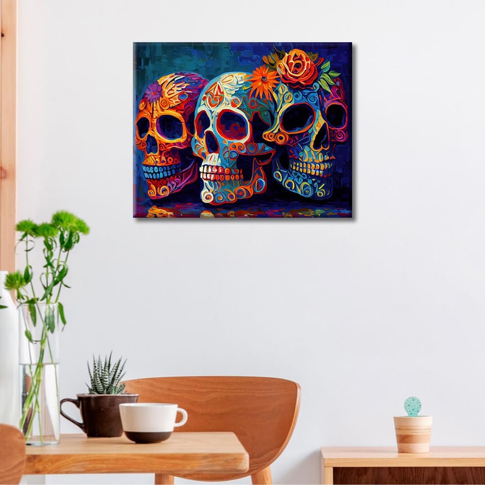 Paint by Numbers for Adults, Mexican Day of The Dead Skulls Artwork Paint by Number Kits Unframed Paint by Numbers for Adults Beginner Colorful Skull Art Wall Decor Acrylic Paints 16"x20"