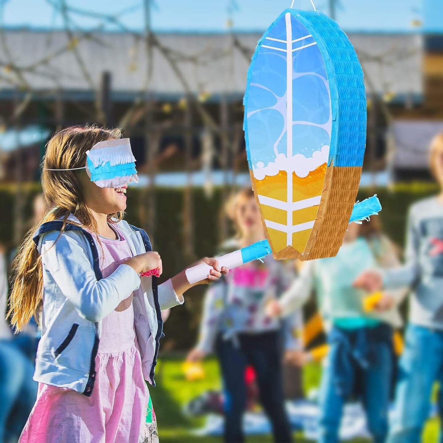 Small Surfboard Pinata with Stick and Blindfold Confetti Summer Pinata Hawaii Decorations Surfboard Beach Pinata Birthday Pinata