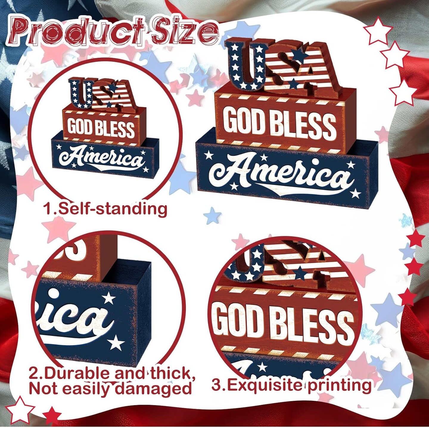3 Pcs Farmhouse 4th of July Patriotic Table Sign Independence Day Table Wood Decorations Patriotic Themed Rustic Farmhouse Wood Block Sign for Party Home Desk