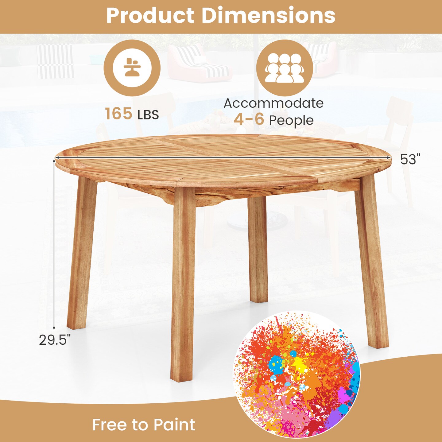 Natural Acacia Wood Round Outdoor Dining Table with Umbrella Hole