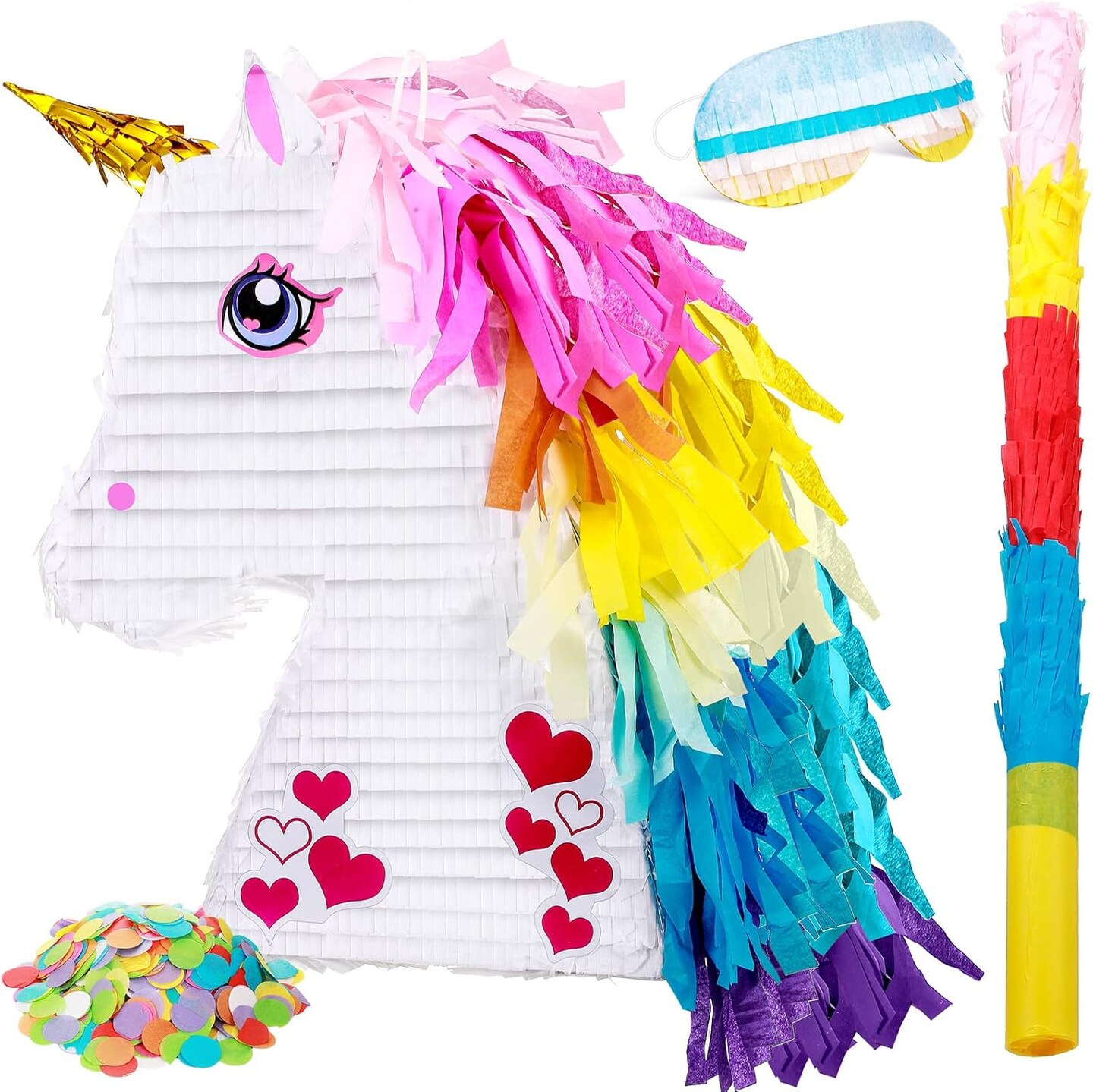 Unicorn Rainbow Piñata for Girls Birthday Party Supplies Small Piñata Set Includes Mask Bat and Confetti Bag for Kids Unicorn Theme Birthday Game Party Decorations, 16 x 10.6 x 3 Inches