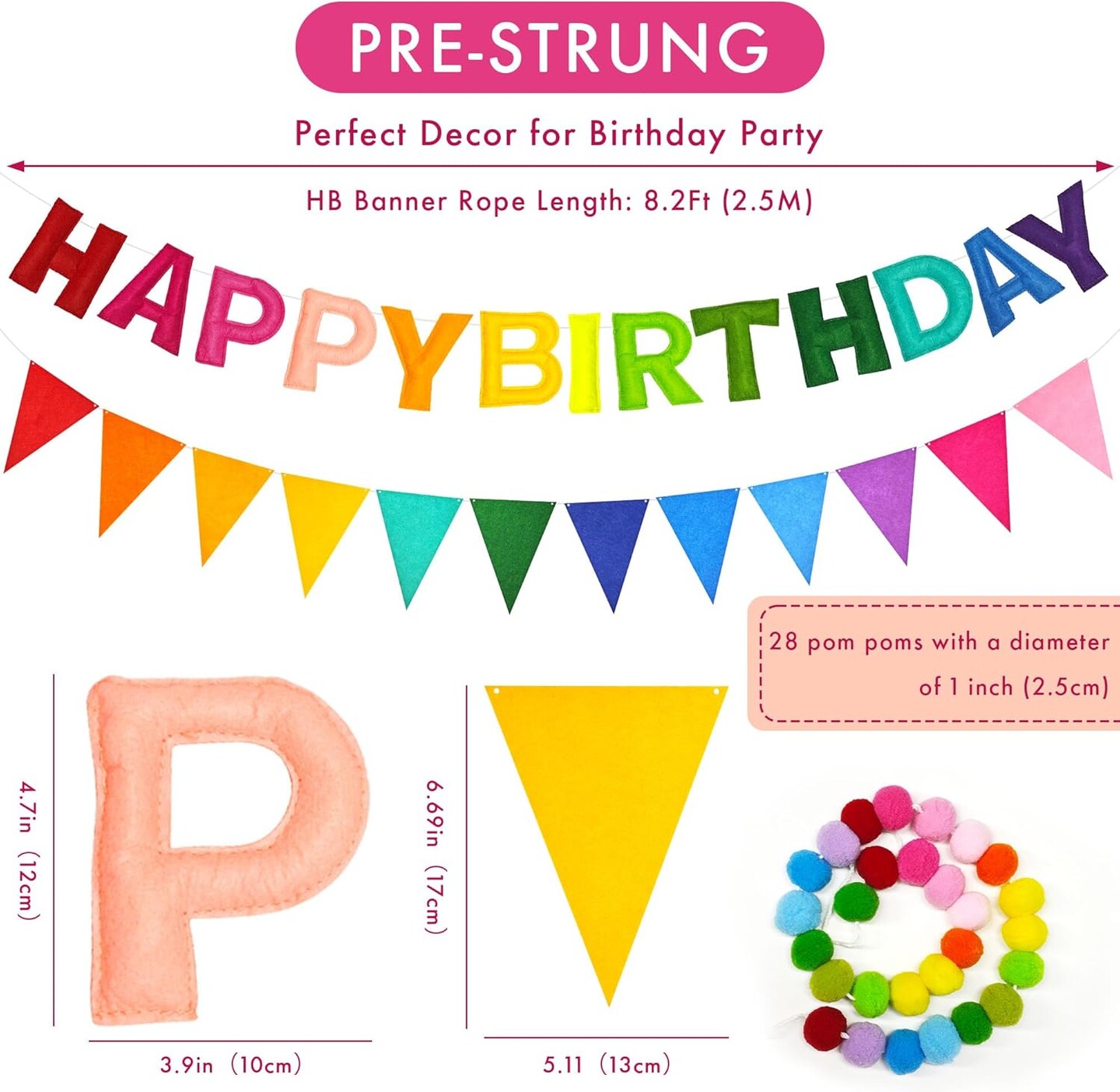 Pre-Strung 3D Happy Birthday Banner, 3 PCS Rainbow Happy Birthday Felt Garland, Pom Pom Garland, Triangle Fabric Garland Bunting, Reusable Rainbow Birthday Decorations