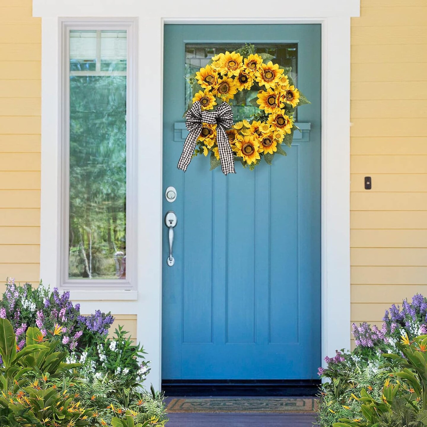 18&#x22; Artificial Sunflower Wreath for Front Door &#x2013; Summer Farmhouse Wreath with Ribbon and Sunflowers for Porch, Window, or Home Decor