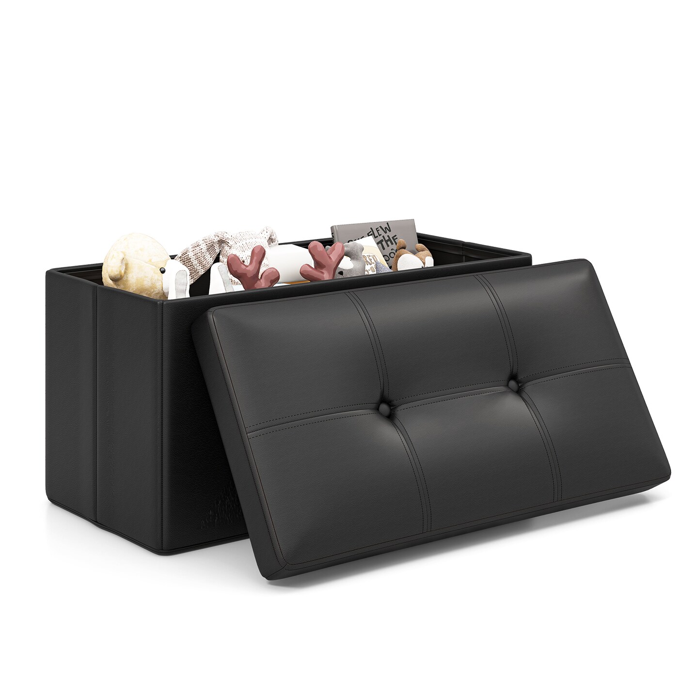 Black Rectangle Foldable Upholstered Storage Footstool with PVC Leather Surface and Cushioned Seat