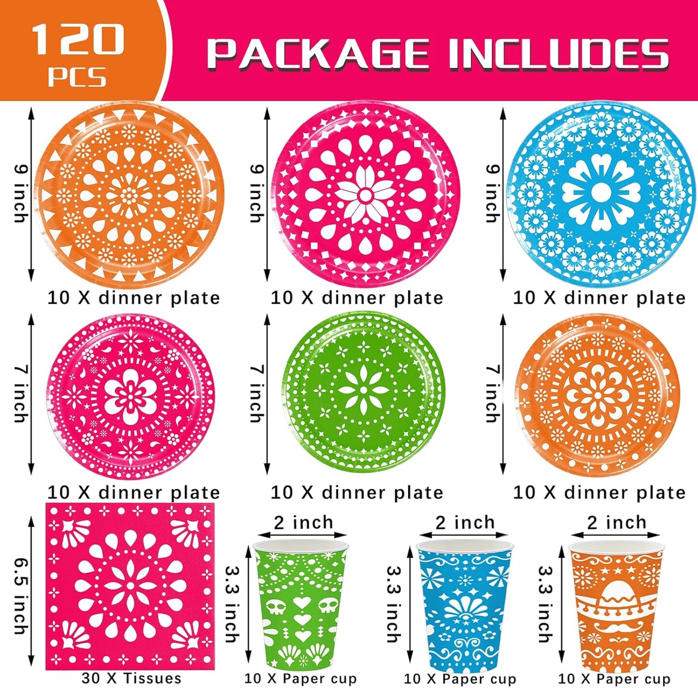 120Pcs Fiesta Plates and Napkins Party Supplies Mexican Cinco De Mayo Party Tableware Set Mexican Party Decors Mexican Fiesta Cups for Taco Carnival Party Decorations Serves 30 Guests