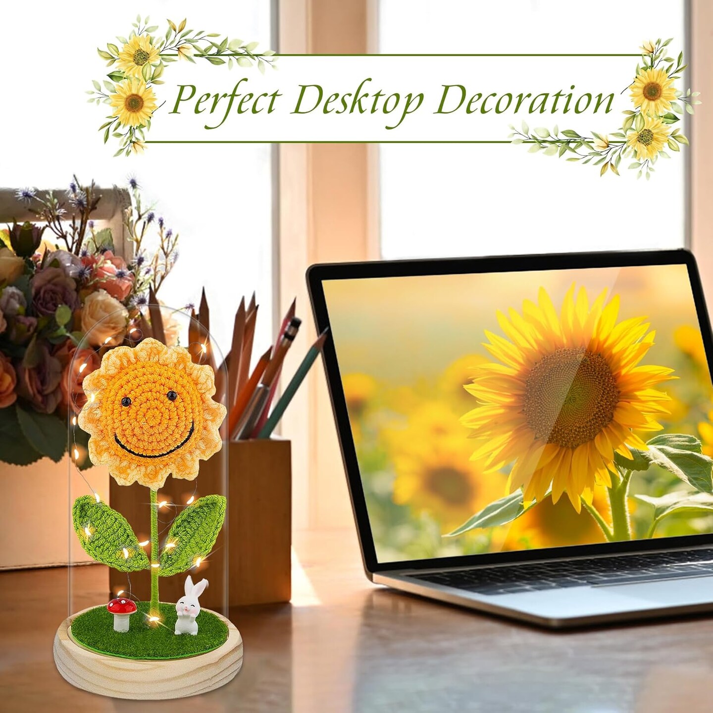 Sunflower Gifts for Women Birthday, Crochet Sunflowers in Dome with LED Strip for Her, Sun Flowers Gifts for Wife Girlfriend Mom on Birthday Mother&#x27;s Day