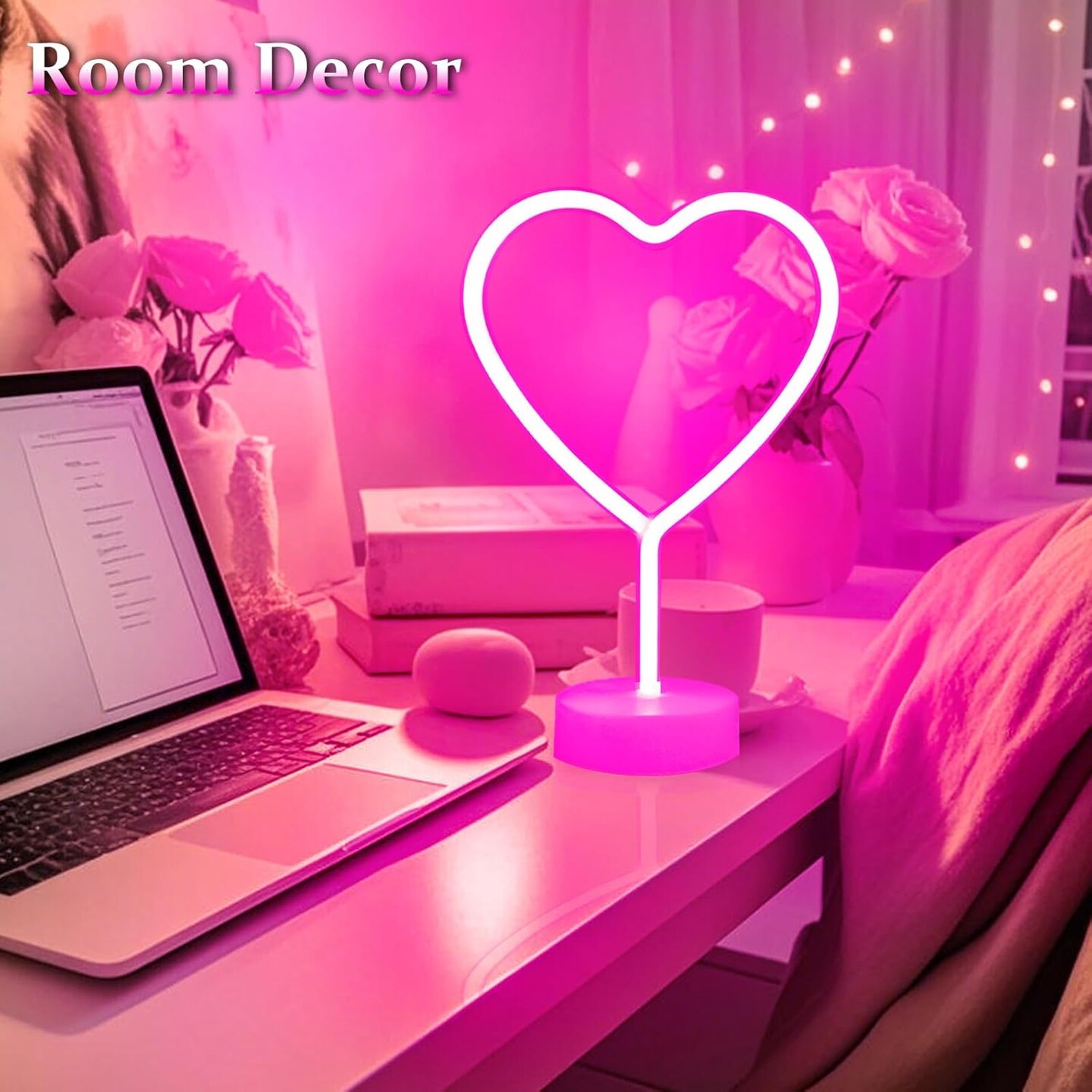 Summer Pink Heart Neon Sign, 2 Pack LED Neon Lights, USB or Battery Powered, Table Decorations for Room, Dorm, Wedding, Anniversary, Bedroom, Classroom, Mother&#x27;s Day &#x26; Summer Parties