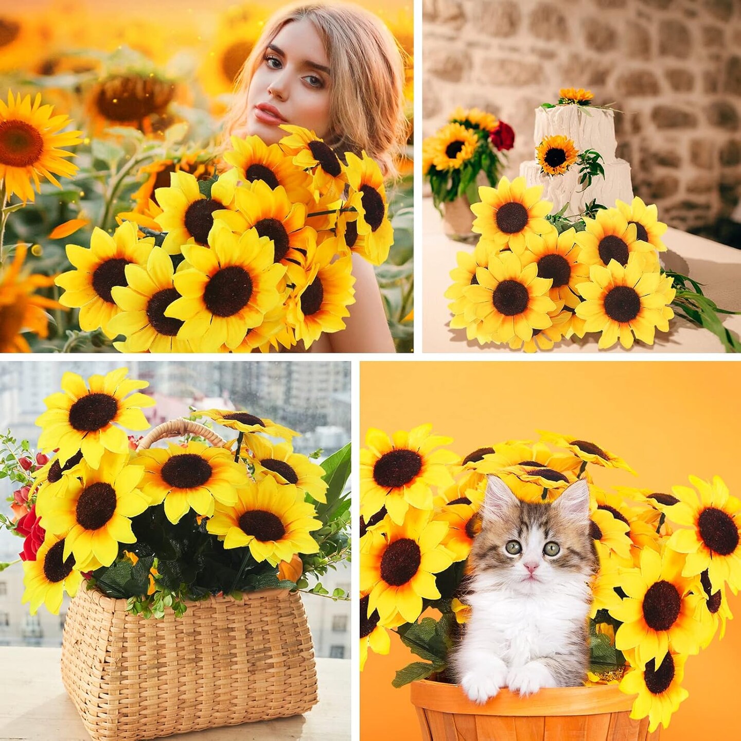 24 Bundles Summer Sunflower Floral Arrangements - UV Resistant Faux Yellow Flowers for Outdoor &#x26; Indoor Decor