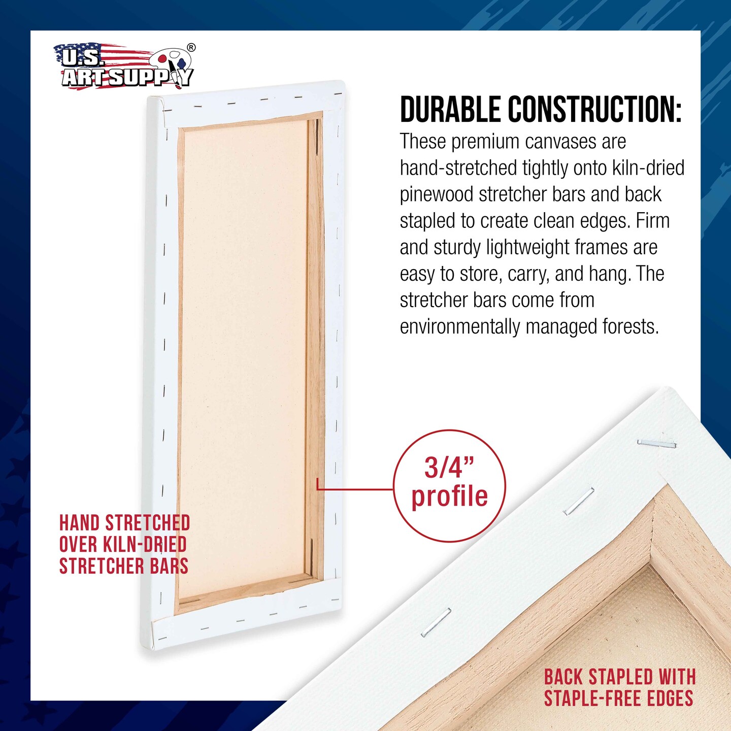 18 x 48 inch Stretched Canvas 12-Ounce Triple Primed, 6-Pack - Professional Artist Quality White Blank 3/4&#x22; Profile, 100% Cotton, Heavy-Weight Gesso