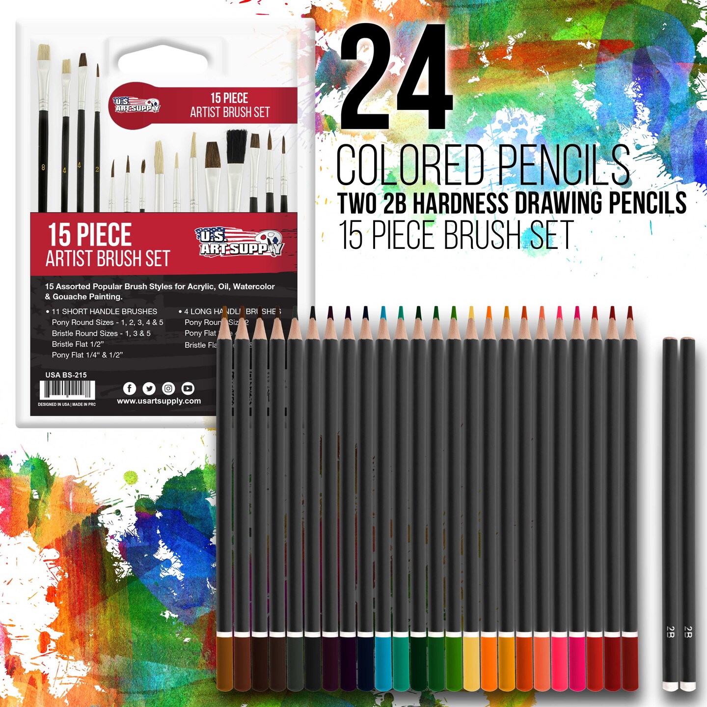 U.S. Art Supply 162-Piece Deluxe Mega Wood Box Art Painting &#x26; Drawing Set - Artist Painting Pad, 2 Sketch Pads, Watercolors, Colored Pencils, Crayons