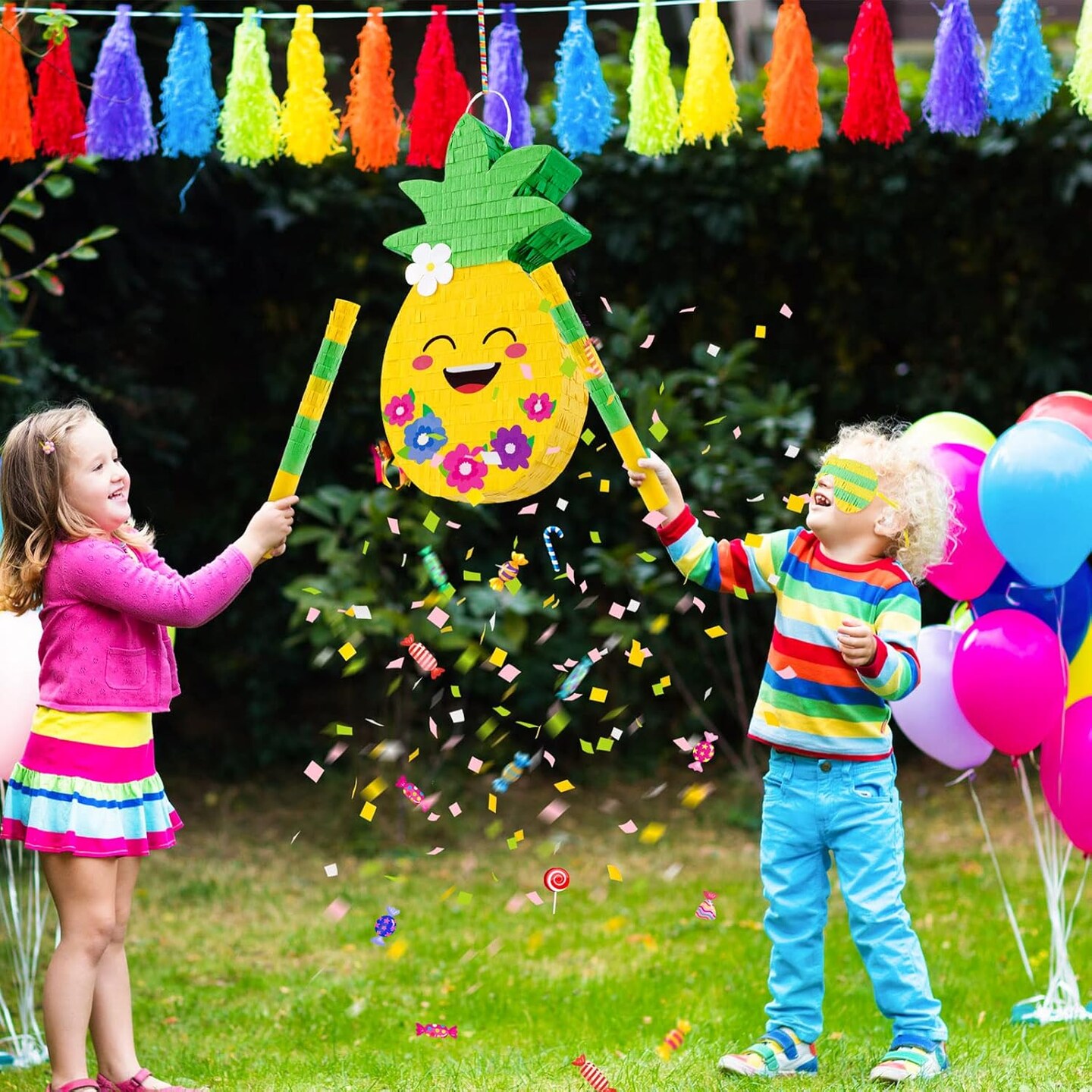 Small Pineapple Pinata for Hawaiian Luau Party Decorations Fruit Pinatas with Wooden Stake Paper Blindfold Colorful Confetti