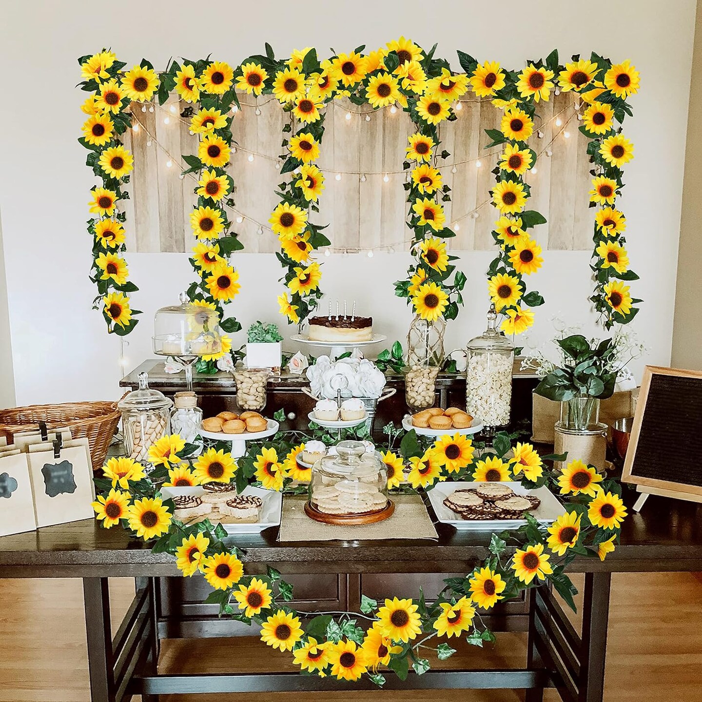 Summer 3 Pack Artificial Sunflower Garland – 7.5ft Silk Sunflowers Hanging Vines with Green Leaves for Room, Kitchen, Garden, and Table Decor