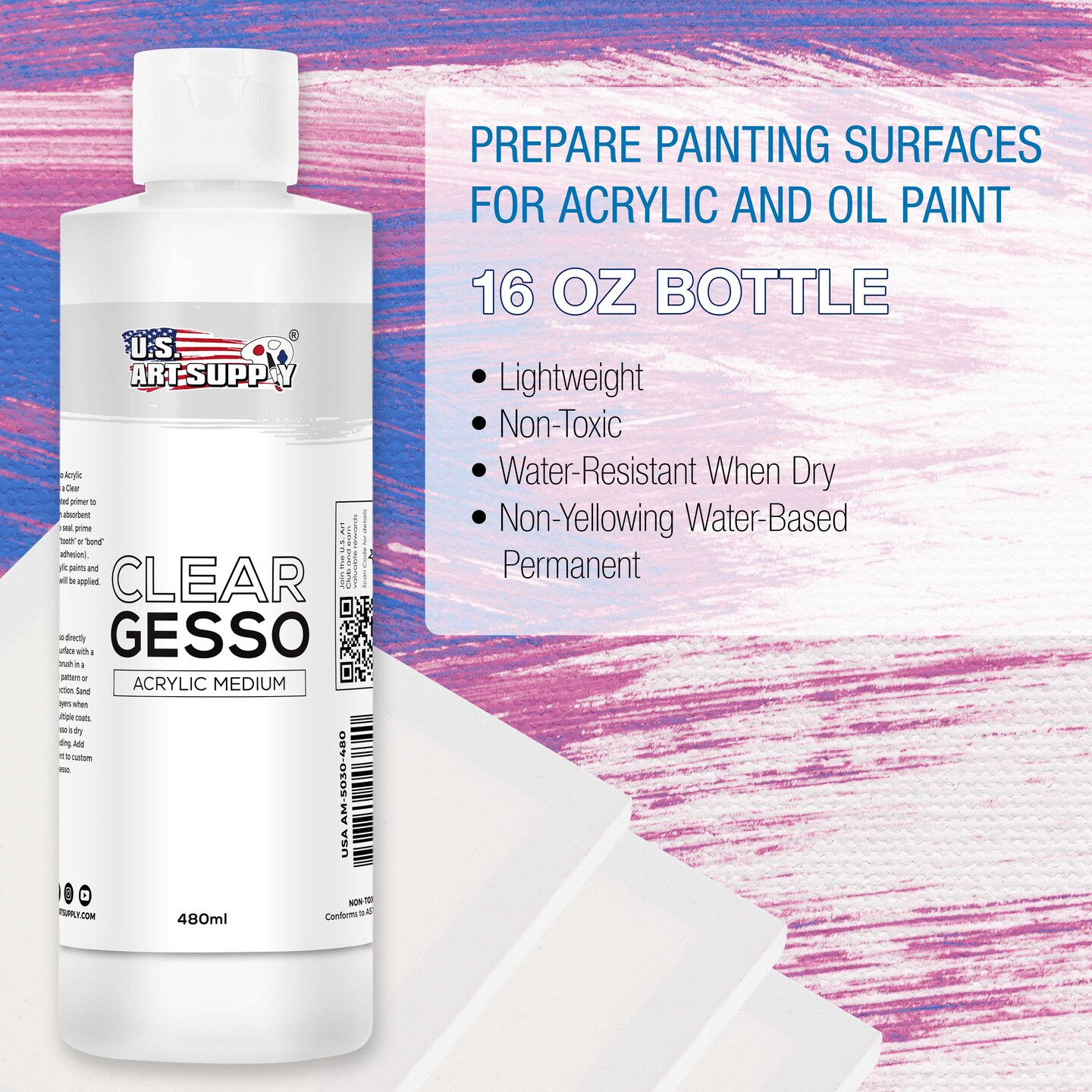 Clear Gesso Primer (16oz) for Oil &#x26; Acrylic Painting - Enhances Blending &#x26; Canvas Paint Prep - Mixable Clear Gesso Primer for Acrylic Painting