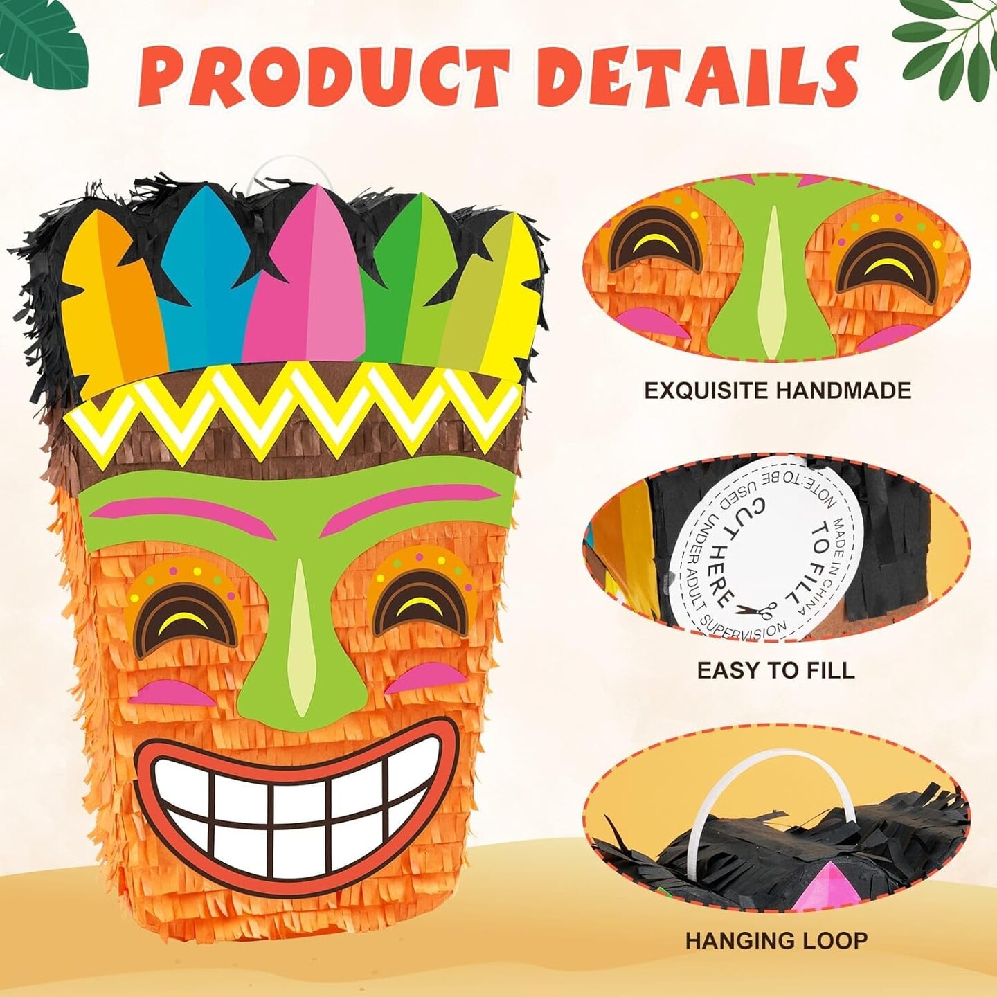 Tiki Pi&#xF1;ata -Tropical Hawaii Pi&#xF1;ata with Blindfold and Bat for Girls Boys Kids Pi&#xF1;ata Hawaiian Luau Themed Party Decorations