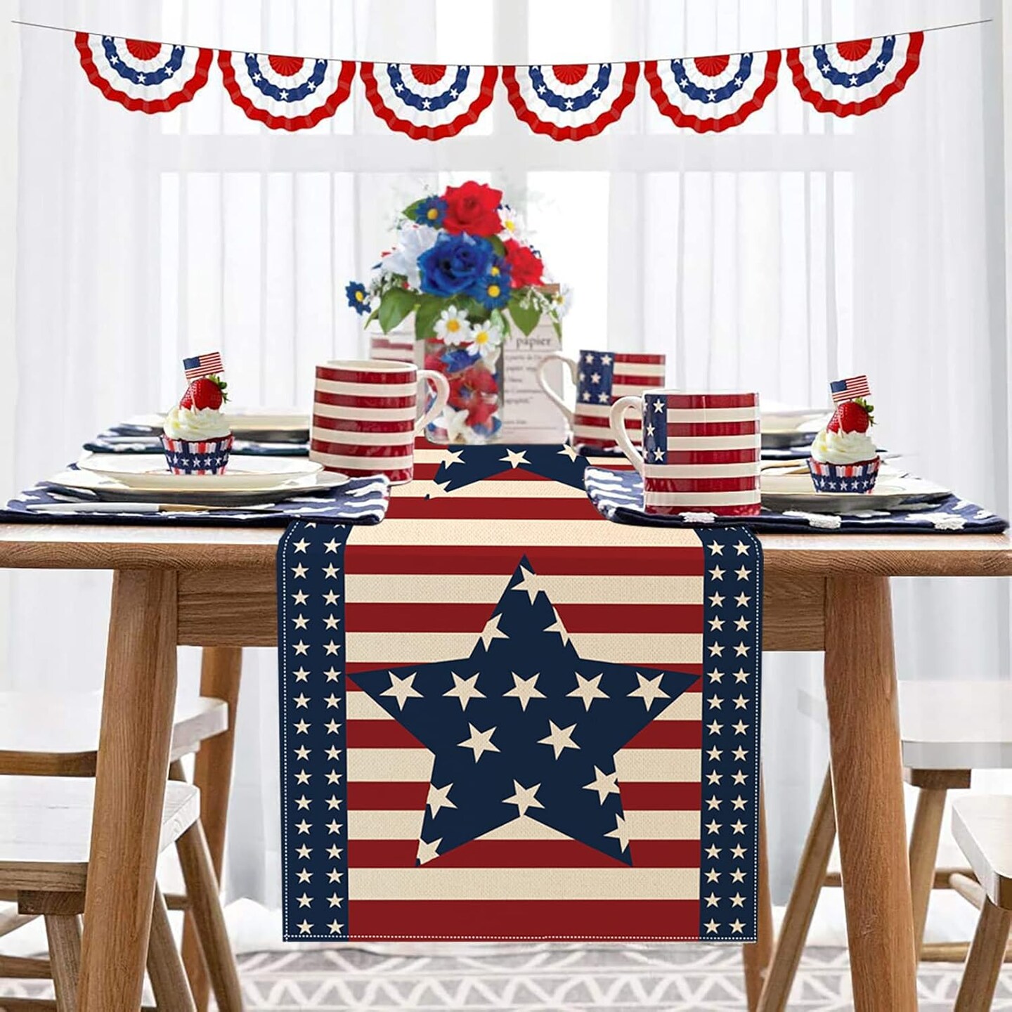 4th of July Table Runner 13 x 72 Inches, Patriotic Memorial Independence Day Decoration Linen Table Runners for Farmhouse Kitchen Dining (13&#x201D; x 72&#x201D;, Blue/Star)