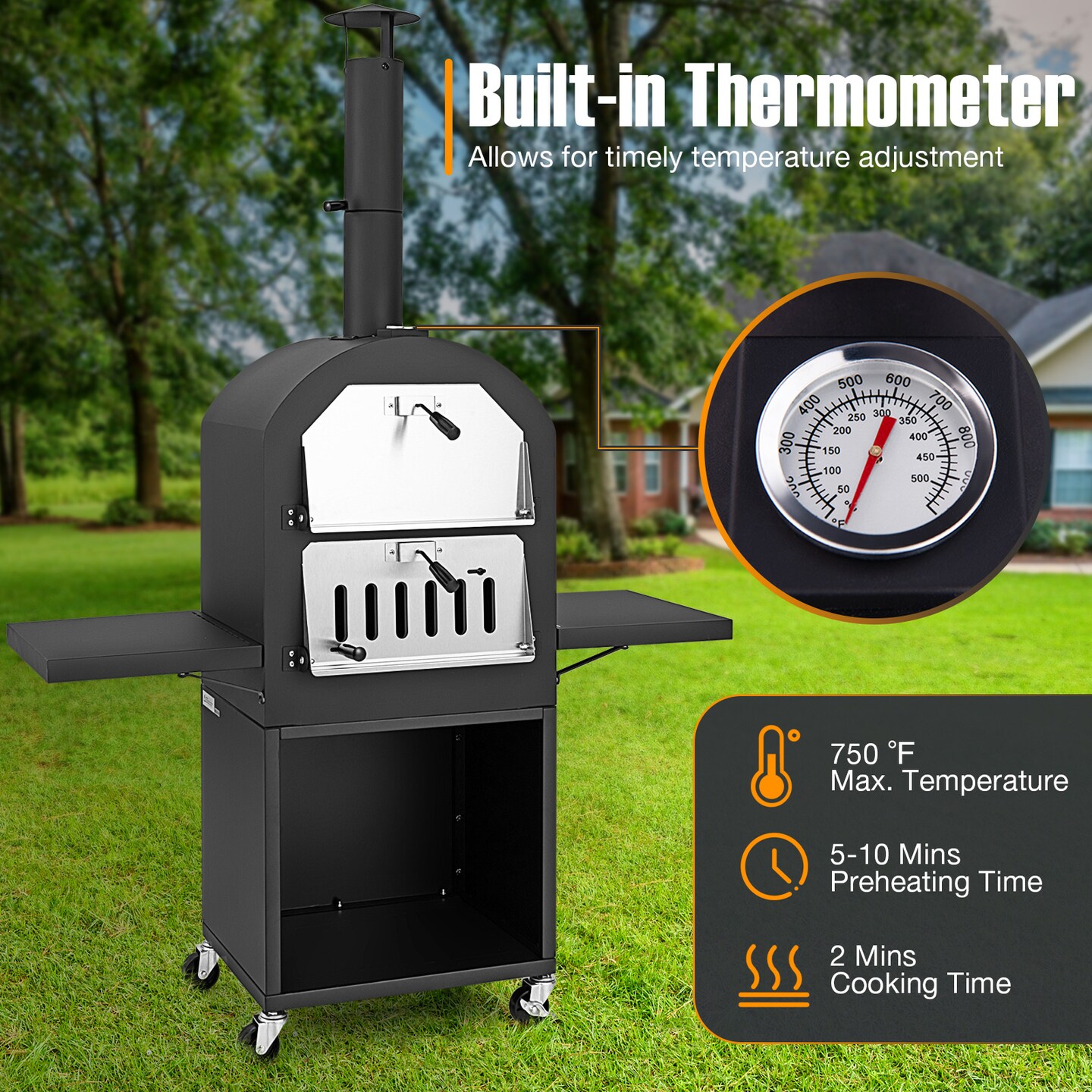 Outdoor Wood-Fired Pizza Oven with Wheels, Thermometer & Accessories
