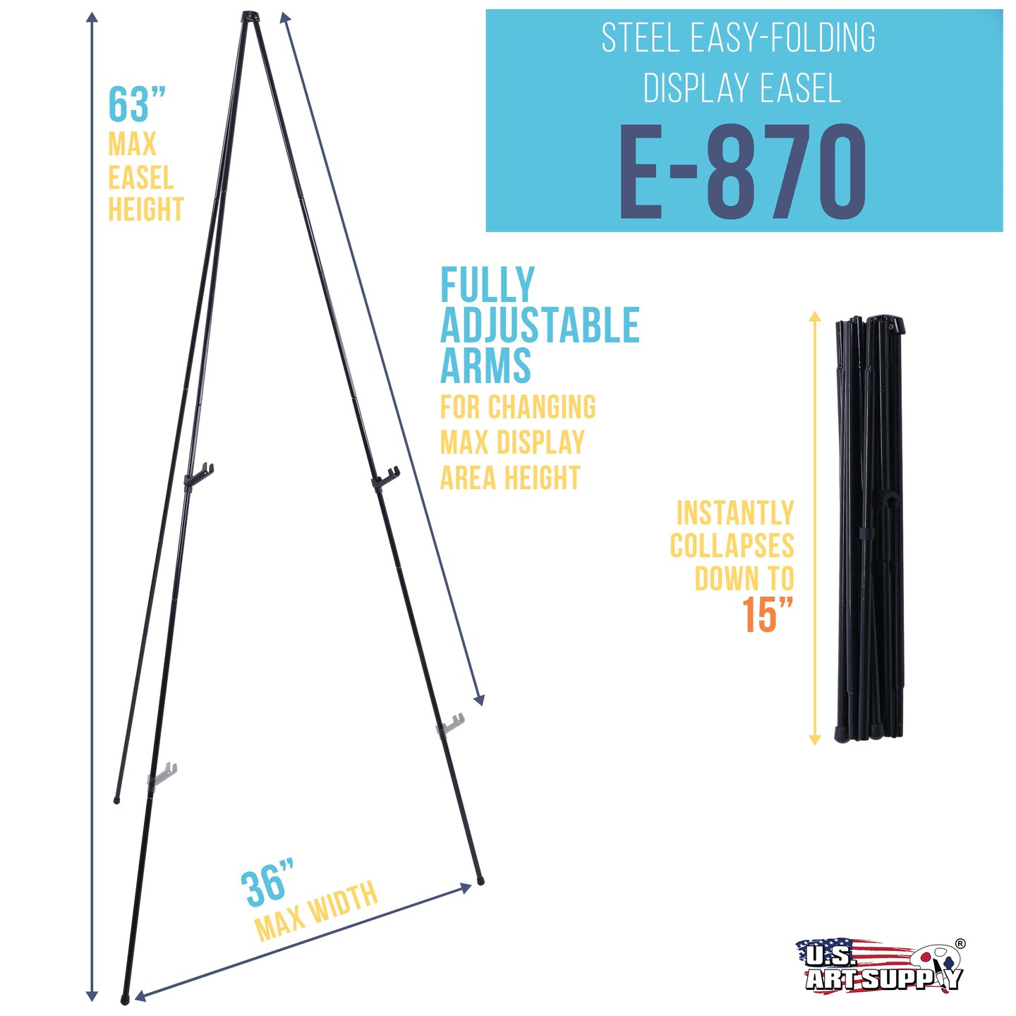 63&#x22; High Metal Folding Display Easel - Adjustable Height, Instantly Collapses, Holds 5 lbs - Portable Art Easel Stand - For Sign, Poster, Canvas, Painting, Picture Display