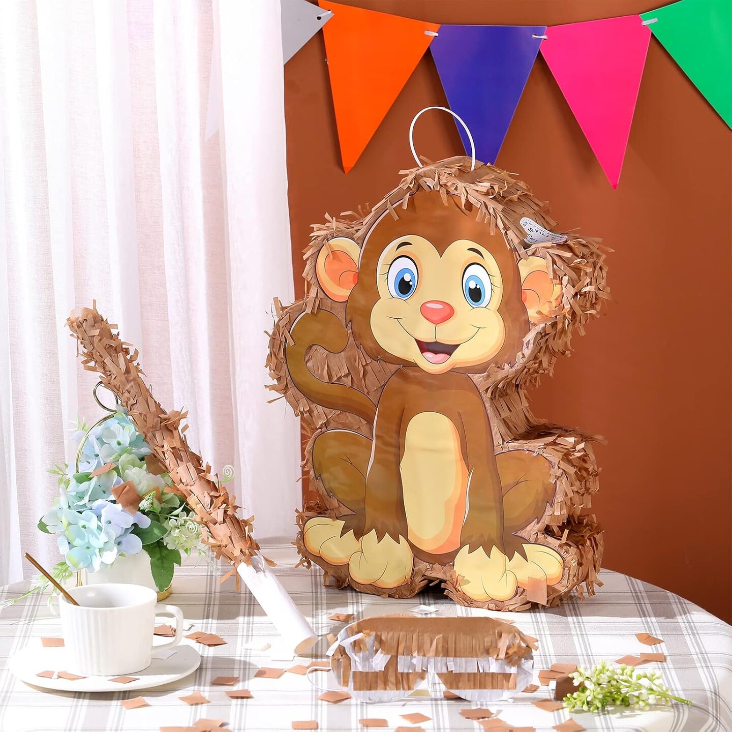 Piñata Bundle with a Blindfold and Bat (16 x 12 x 3 Inches), Cute Animal Piñata for Birthday Party Toys Decoration for Animal Theme Birthday Party Game Supplies Photo Prop(Monkey)