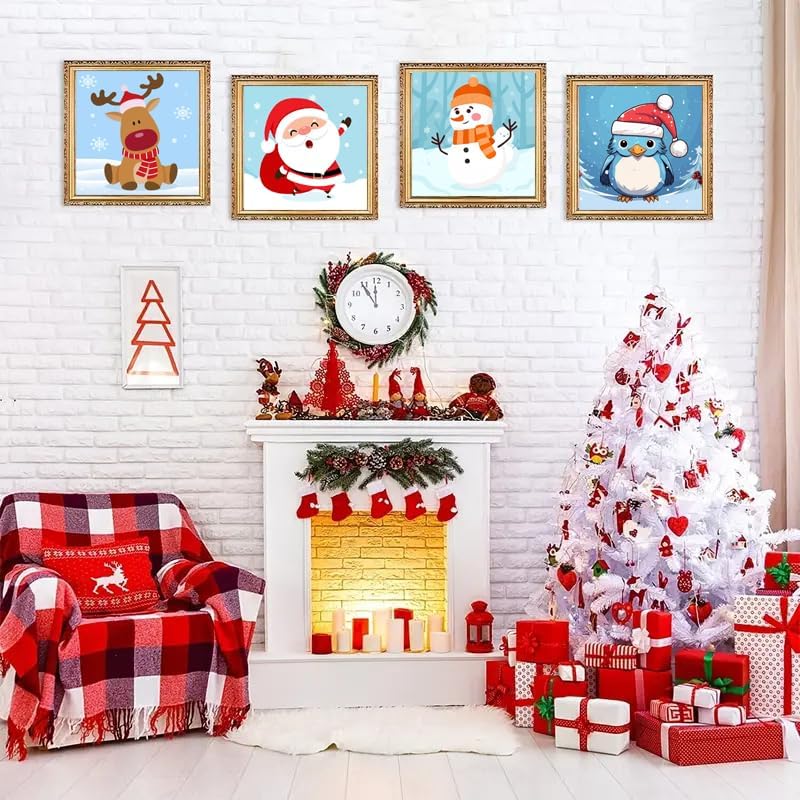 4 Pack Framed Paint by Numbers Kit for Kids,Christmas Painting Kits for Kids Ages 4-8,Easy Paint by Number Kids Paint for Beginner,DIY Acrylic Oil Painting Kit for Wall Decor(8X8inch)