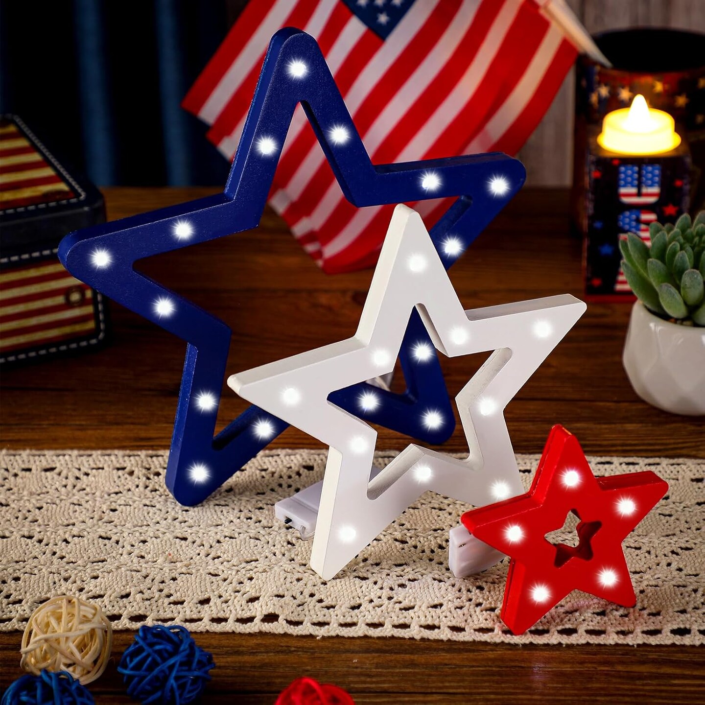 3 Pieces 4th of July Star Tabletop Decorations Patriotic Star Light up Wooden Sign Independence Day Tabletop Centerpiece Red White Blue Wood Decor for Memorial Day Tiered Tray Table Home Decor