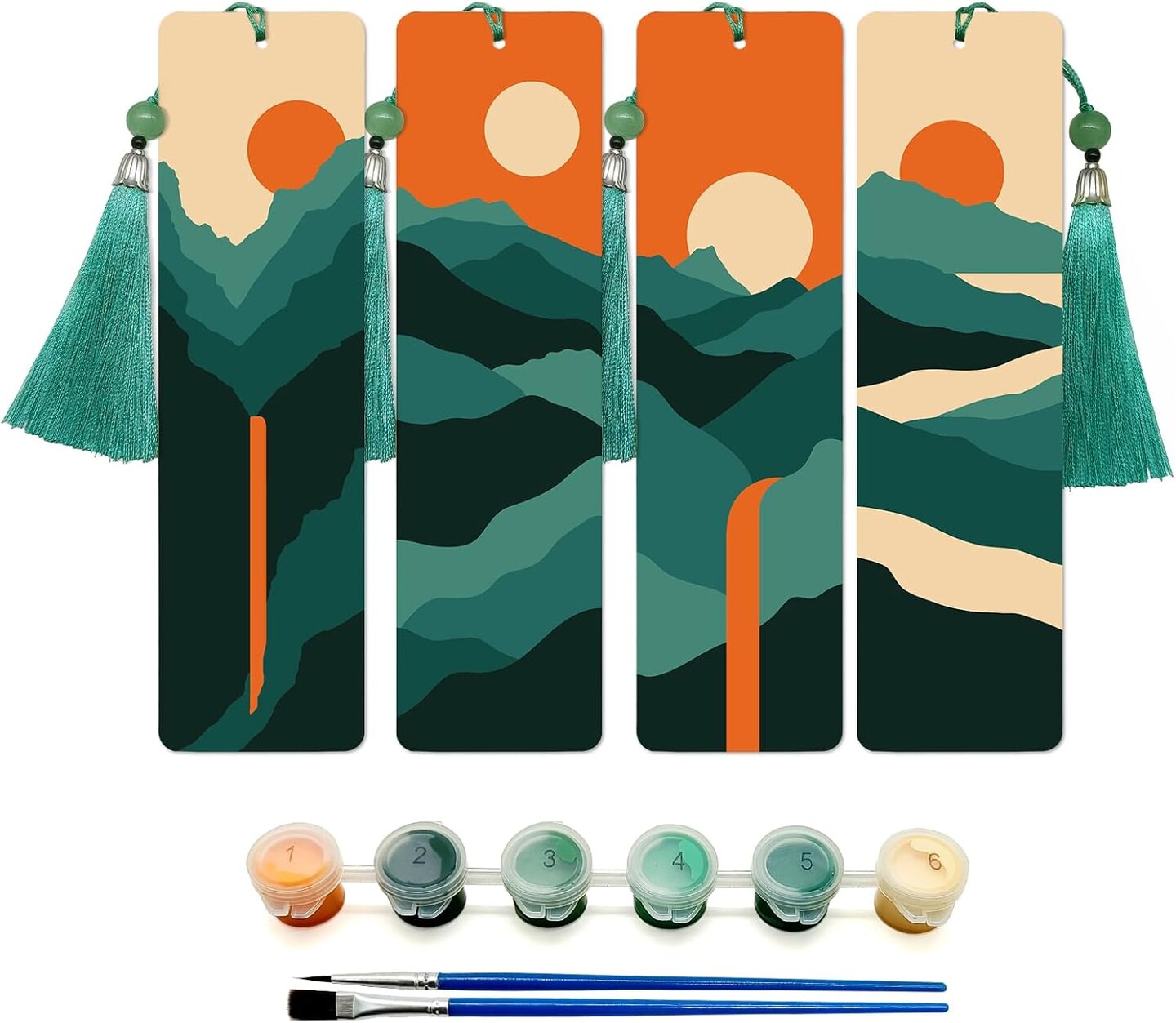 Mountain Paint by Numbers Kit for Adults, 4 Pack Wood Bookmarks Paint by Numbers for Book Lovers, DIY Sunset Painting by Number Bookmarks with Tassel, Easy Paint by Number Kits for Gift 7x2 Inch