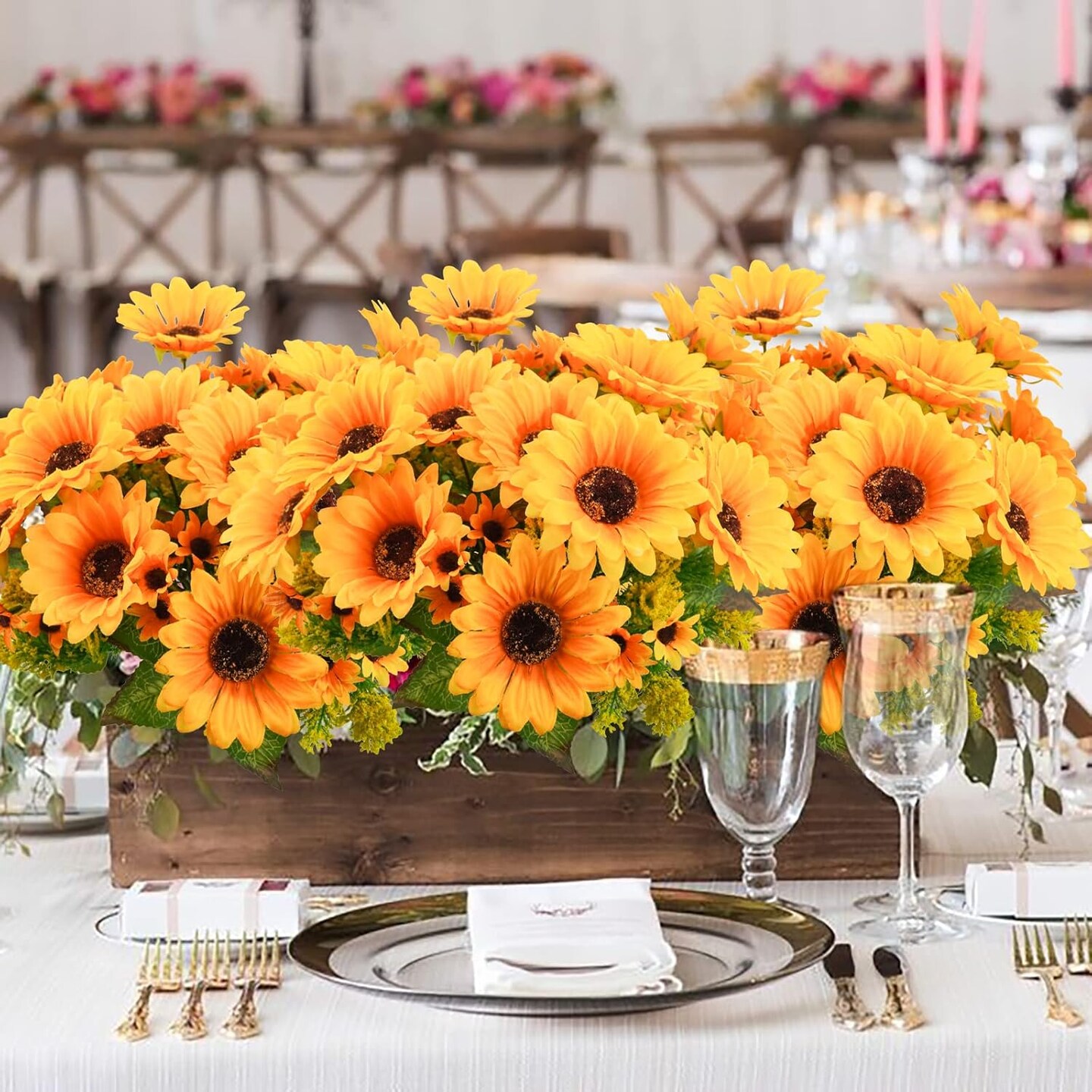 4PCS Summer Floral Arrangement Sunflowers Artificial Flowers, Fake Silk Flowers with 7 Stems for Indoor/Outdoor Home Centerpieces, Wedding Bouquet, Office DIY Décor (Orange Yellow)
