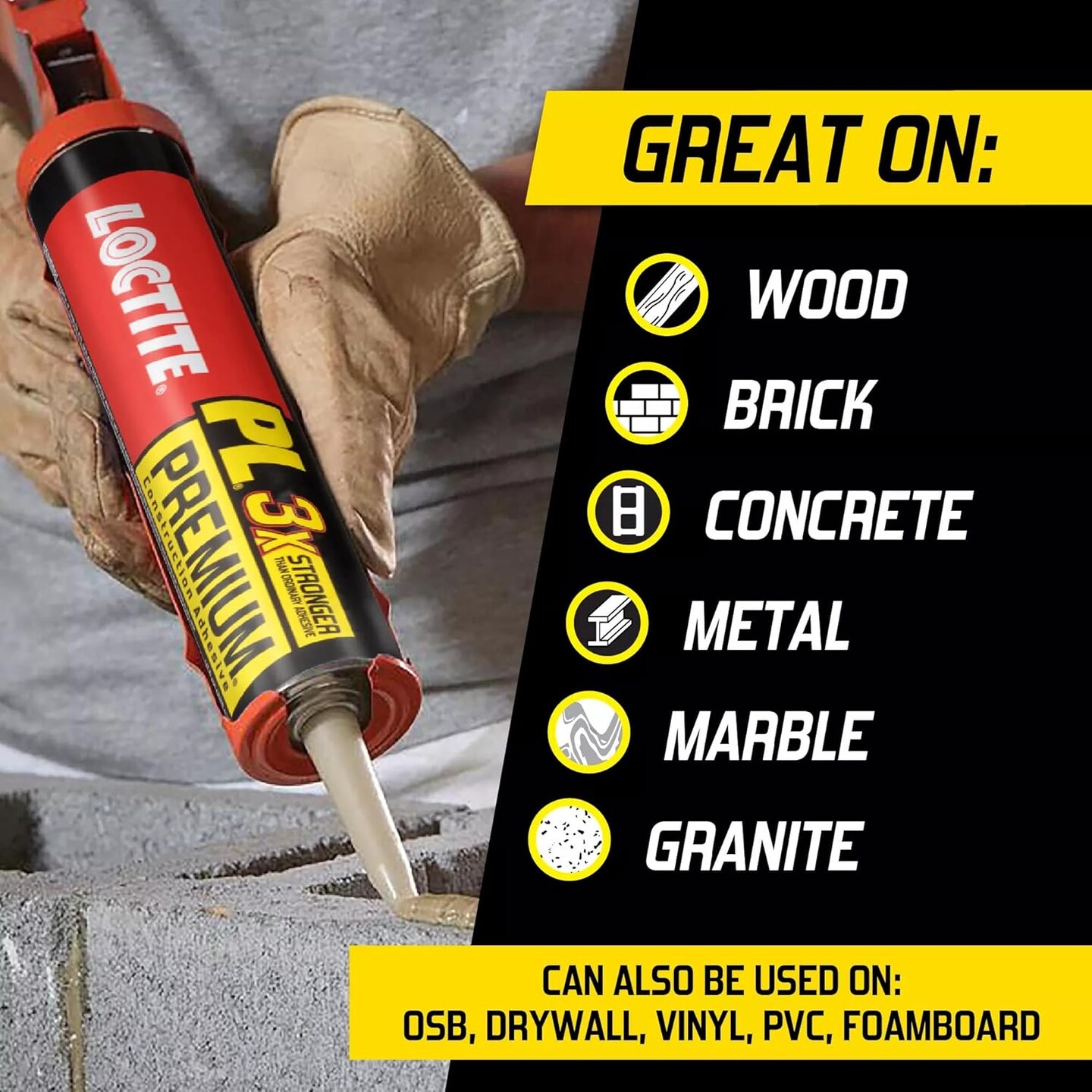PL Premium Polyurethane Construction Adhesive, Versatile Construction Glue for Wood, Concrete, Stone, Metal & More