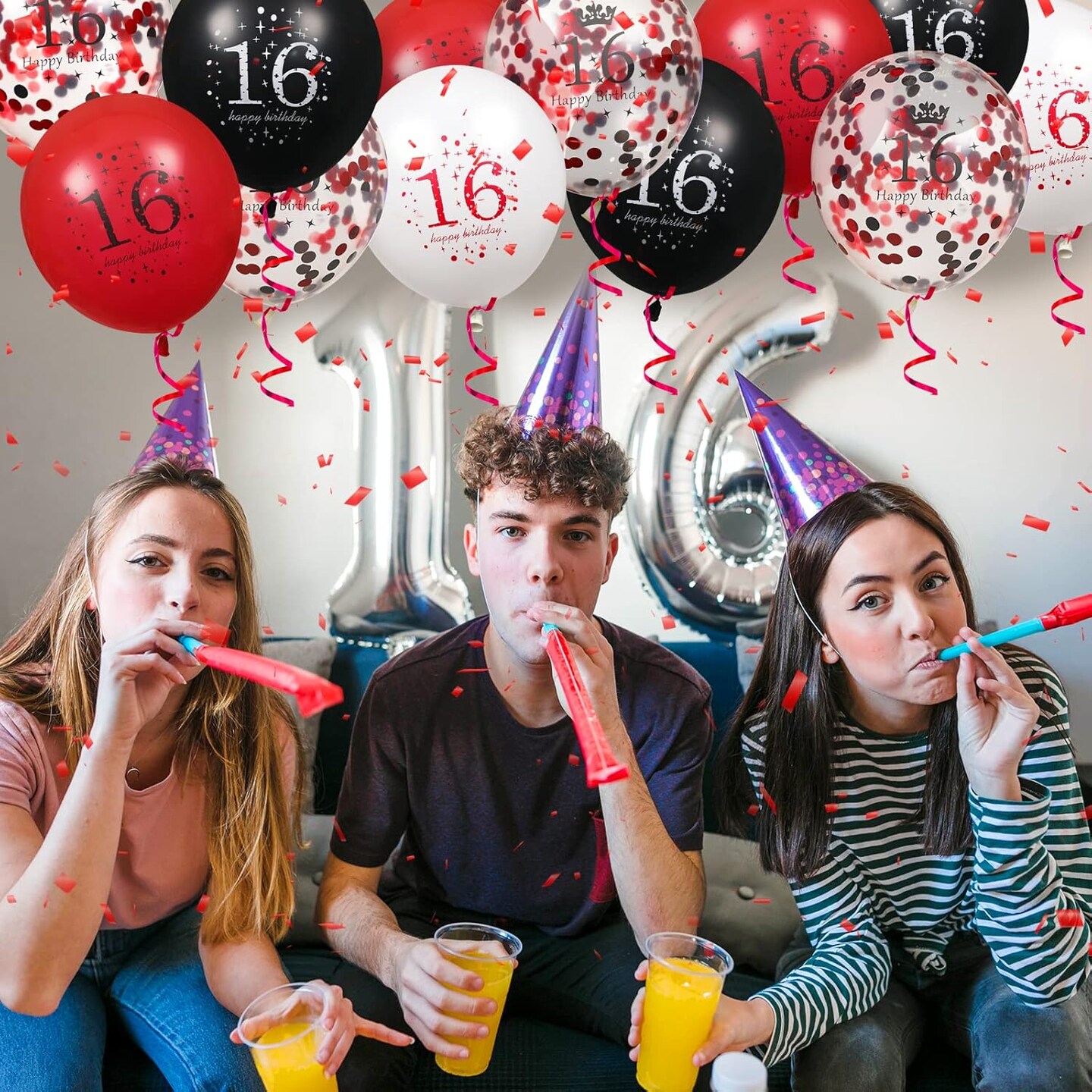 16th Birthday Balloons - 16Pcs Red & Black Latex Balloons for Girls & Boys - Happy 16th Birthday Party Decorations