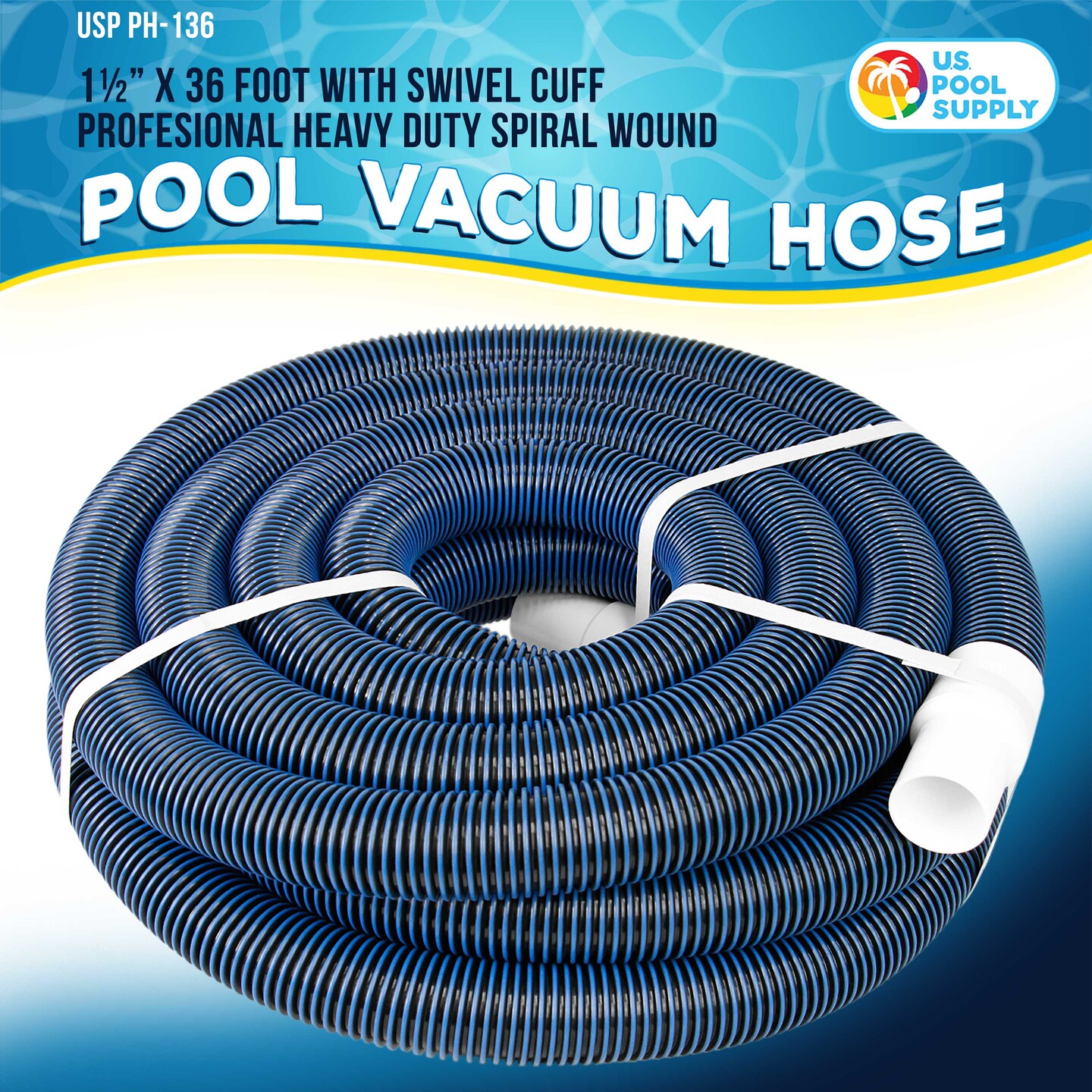 U.S. Pool Supply&#xAE; 1-1/2&#x22; x 36 Foot Heavy Duty Spiral Wound Swimming Pool Vacuum Hose with Kink-Free Swivel Cuff, Flexible - Connect to Vacuum Heads