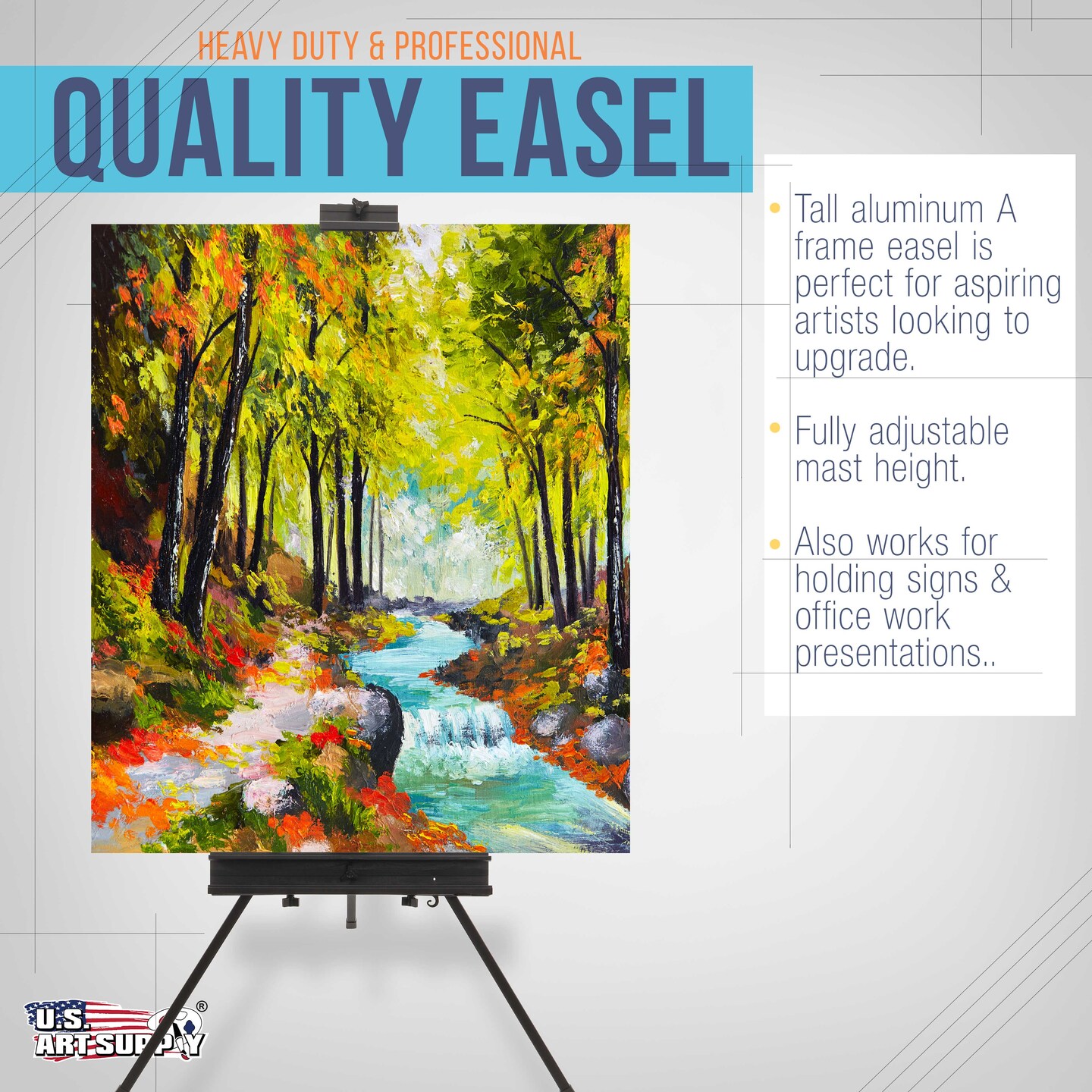 Del Mar 69&#x22; High Aluminum Single Mast Artists Studio Easel &#x26; Floor Display Stand, Heavy Duty Adjustable Extra Large Canvas Height Up To 47&#x22; Brush Rest