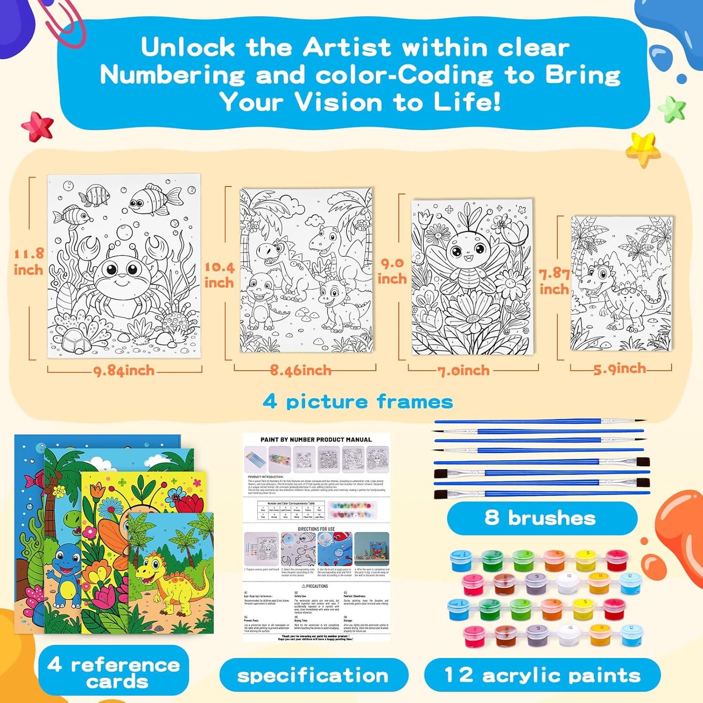 4 Pack Paint by Numbers for Kids, Pre-Drawn Canvas Painting Kit, Includes 12 Paints and 8 Brushes, DIY Painting for Classroom Games Home Wall Decor, Kids' Paint by Number Kits