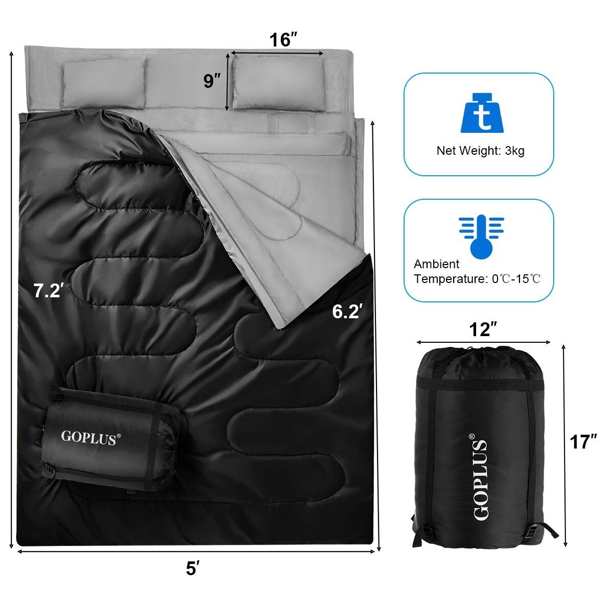 Double Sleeping Bag with Pillows 2-in-1 Convertible Design, Waterproof & Warm