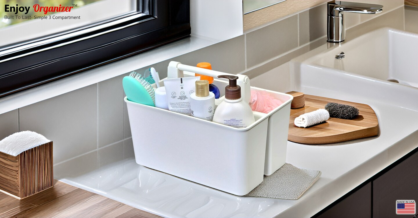 Enjoy Organizer | Shower Caddy Organizer with Handle, 3 Compartments, Portable Storage Bin for Bathroom, Dorm, Gym -Made In USA