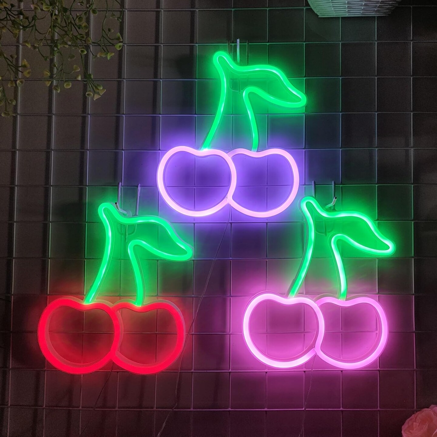 Summer Cherry Neon Sign, USB or 3-AA Battery Powered Neon Light, LED Table Decoration, Bedroom Wall Decoration, Birthday Gift, Wedding Supplies Business Gift (Green+Pink)