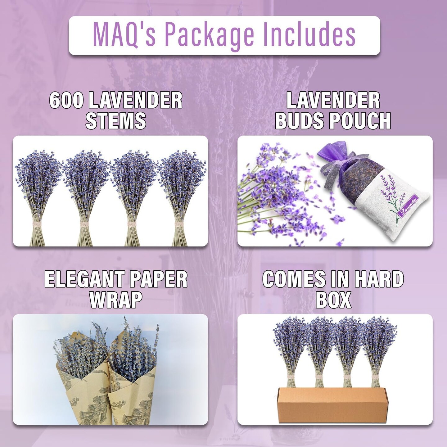Dried Lavender Bundles - 100% Natural Dried Lavender Flowers with 600 Stems (16-17 Inches) for Home Fragrance, Weddings &#x26; Party Decoration | Bonus Pouch Filled with Dried Lavendar Buds