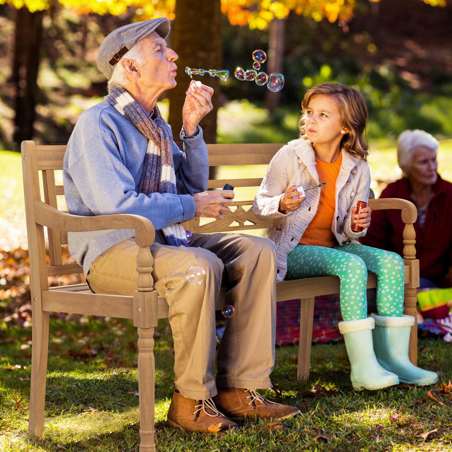 Natural Teak Wood Patio Bench with Wide Backrest and Curved Armrests Ideal for 2 Seats