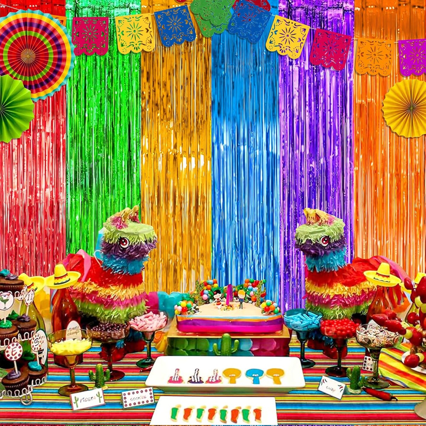 4 Pack Fiesta Party Decorations Foil Fringe Curtains Backdrop 3.3 x 6.6 FT Mexican Theme Party Decorations Tinsel Curtain Spain Taco Photo Streamers for Cinco de Mayo Dia De Los Muertos Decor