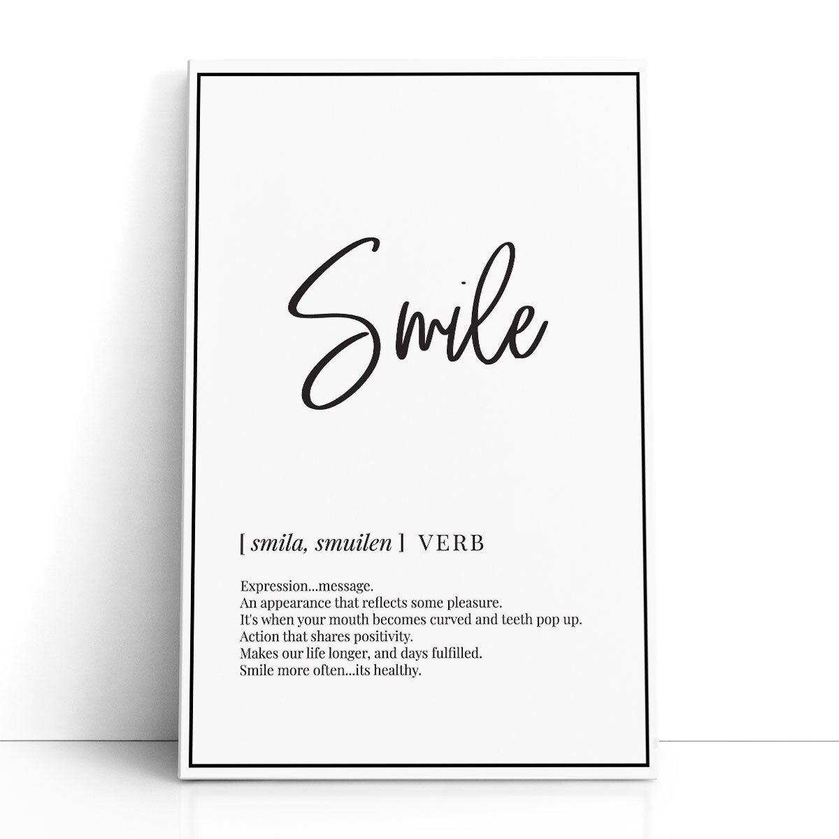 Minimalist Motivational Wall Art Framed Canvas – Smile Definition Black ...